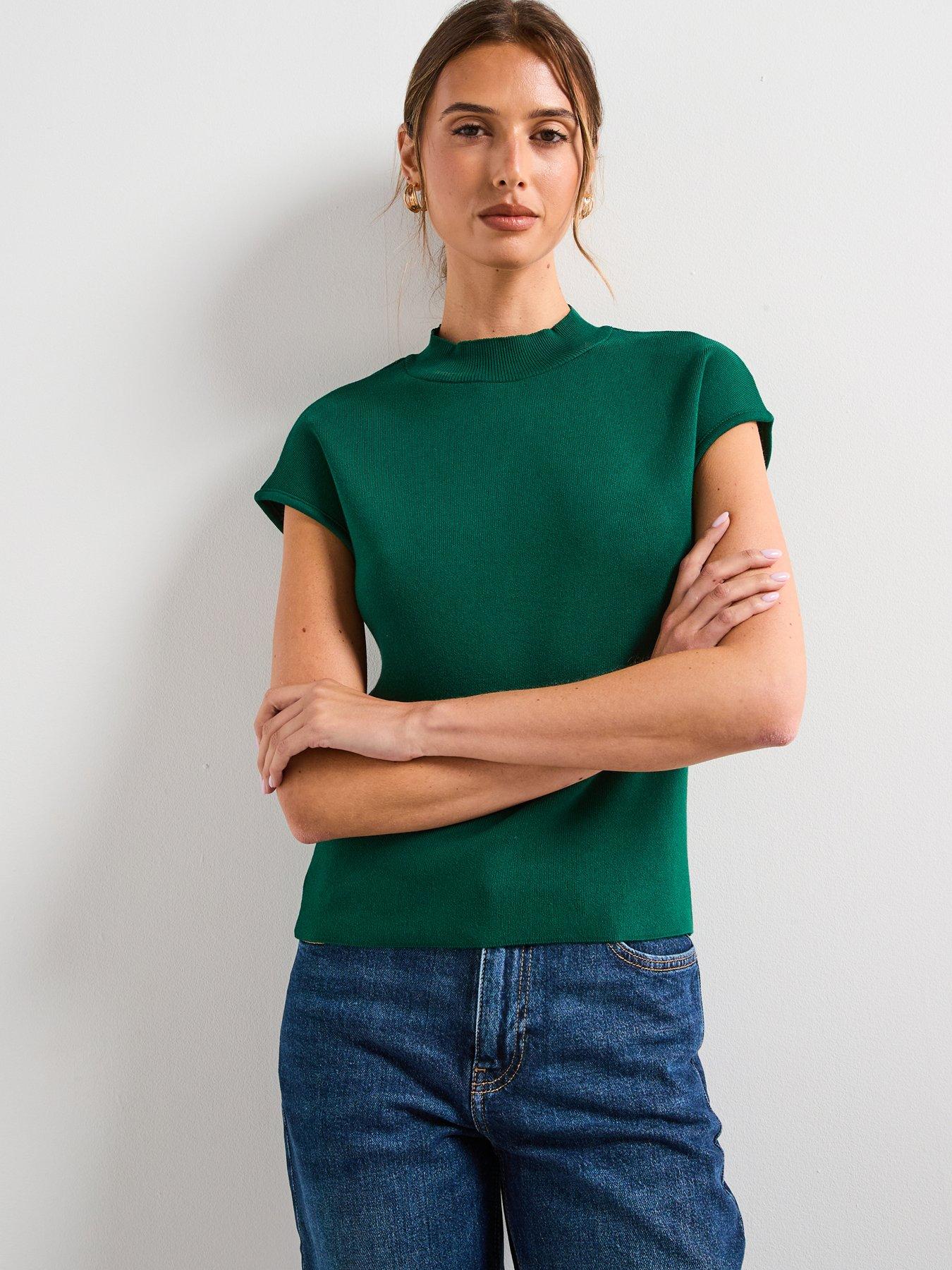 undefined Short Sleeved Fine Knit Sweater - Green