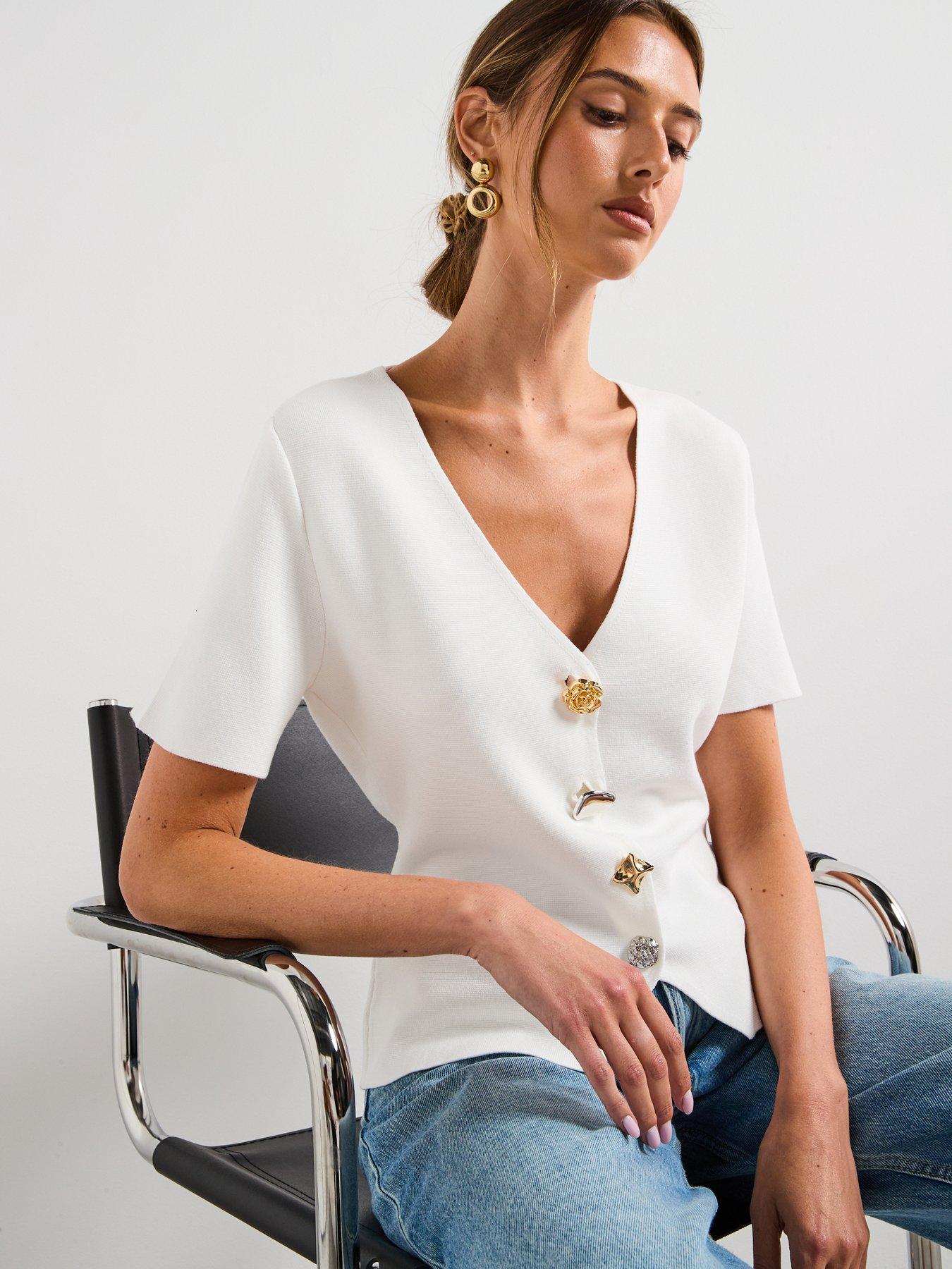 Image 6 of 6 of Mango Knitted Cardigan With Jewel Button - White