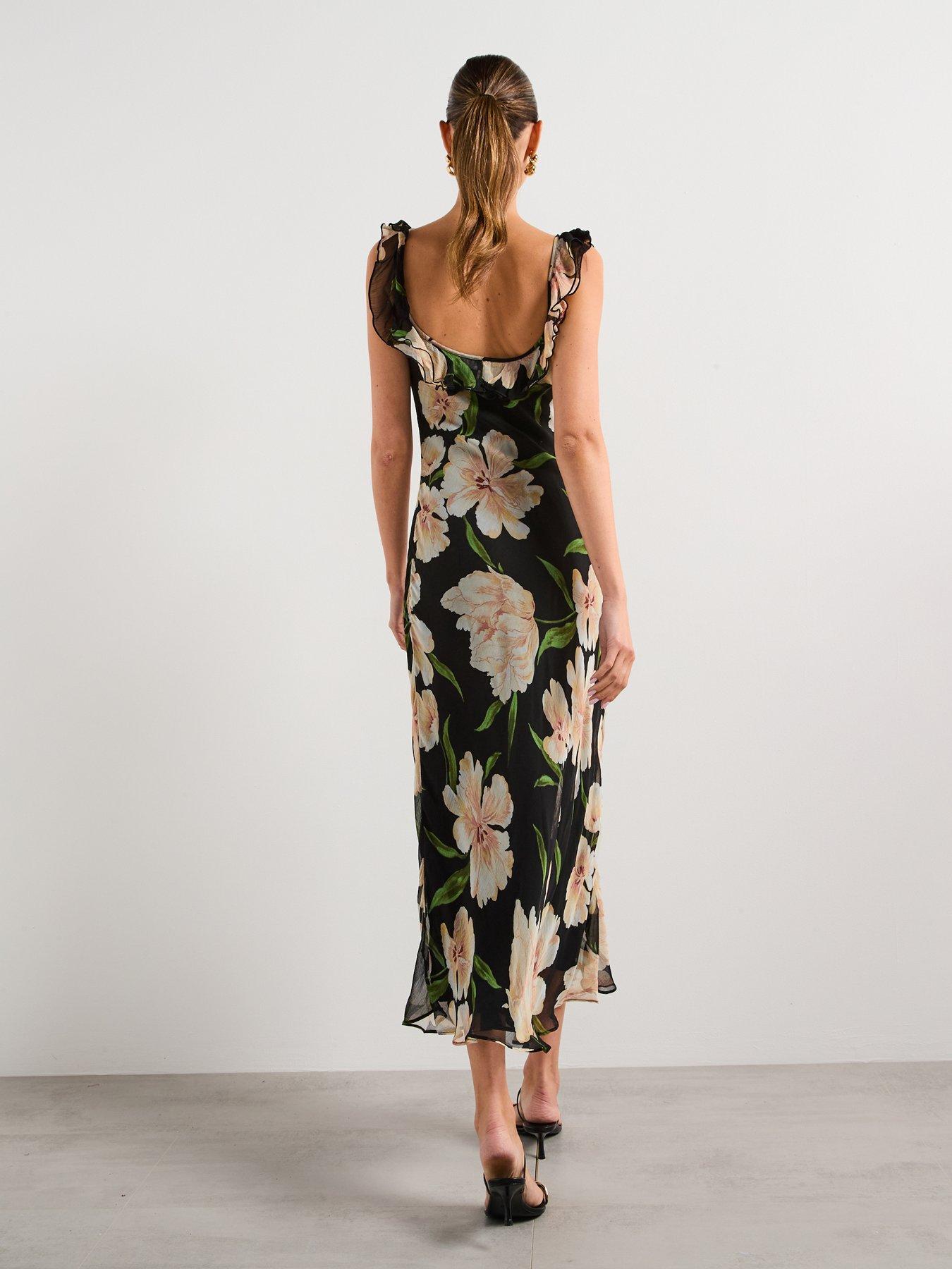 Image 2 of 6 of Mango Floral Print Dress with Ruffle Detail - Black