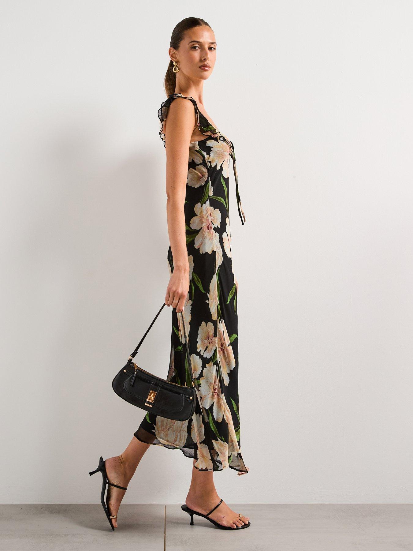 Image 3 of 6 of Mango Floral Print Dress with Ruffle Detail - Black