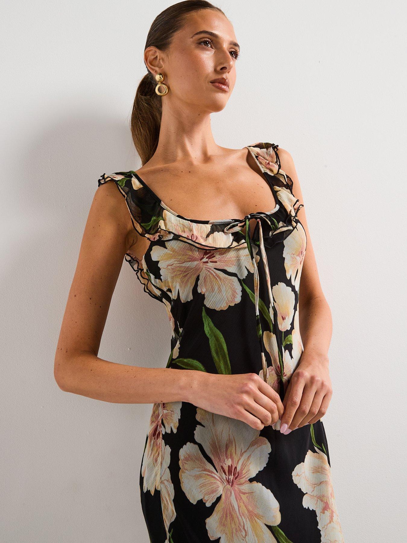 Image 5 of 6 of Mango Floral Print Dress with Ruffle Detail - Black