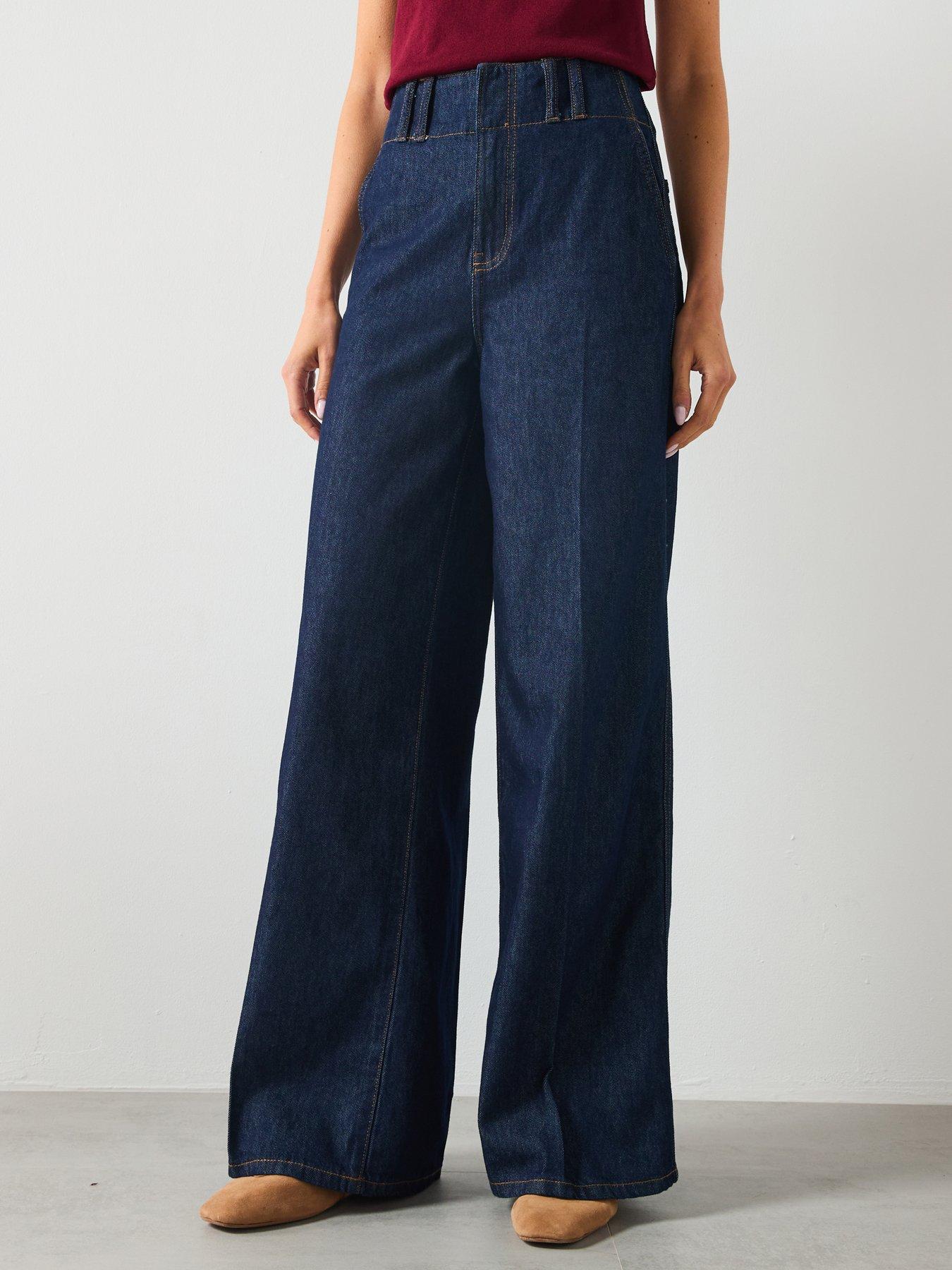 undefined Wide Leg Denim Trousers With Belt Loops - Blue