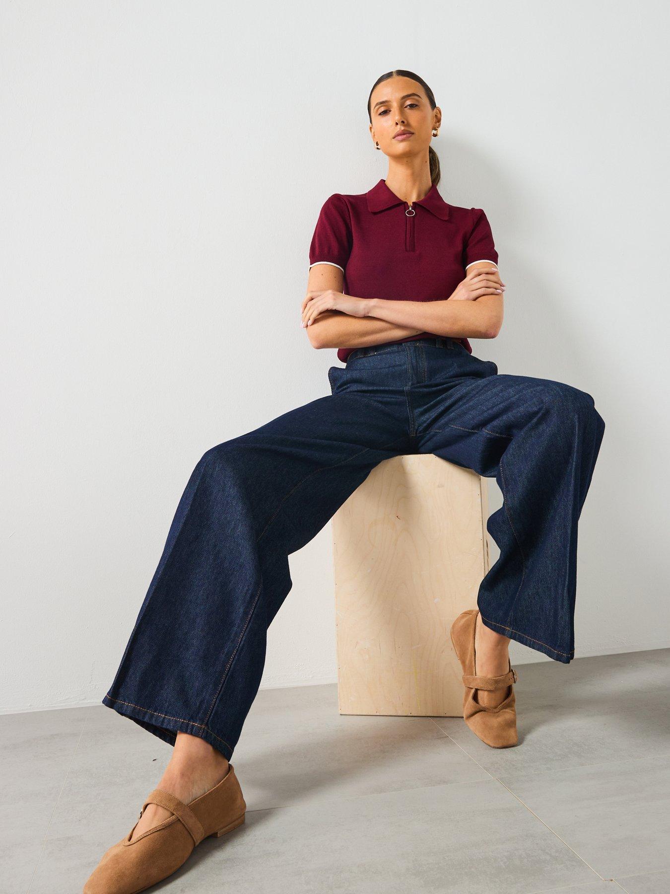 Image 5 of 5 of Mango Wide Leg Denim Trousers With Belt Loops - Blue