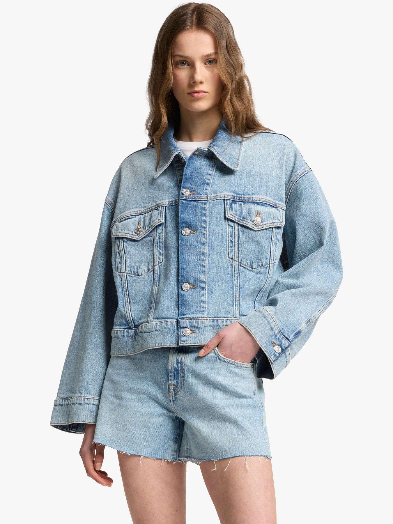 Image 1 of 6 of 7 FOR ALL MANKIND Oli Cropped Trucker Denim Jacket - Light Blue