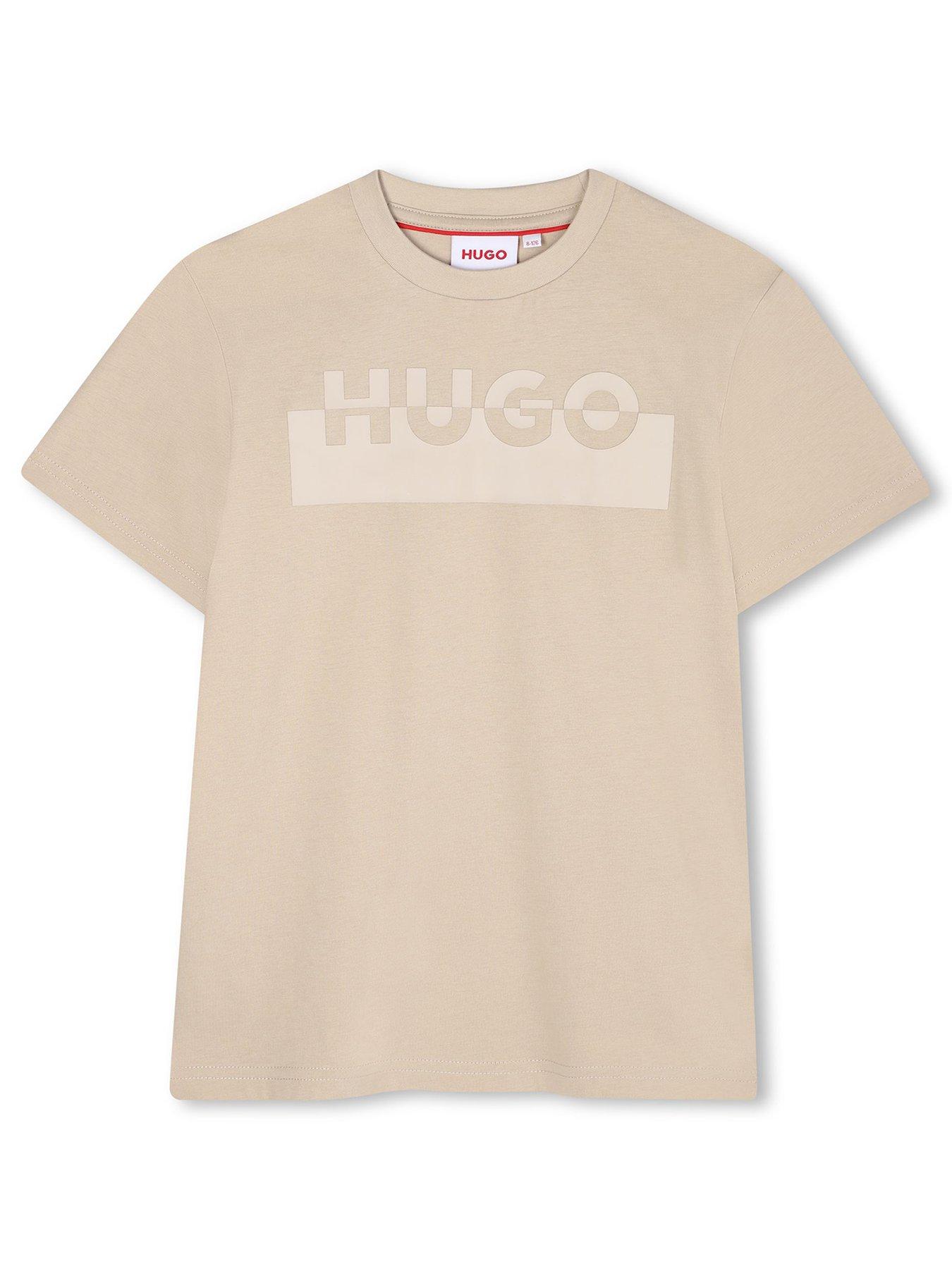 front image of hugo-boys-logo-t-shirt-beige
