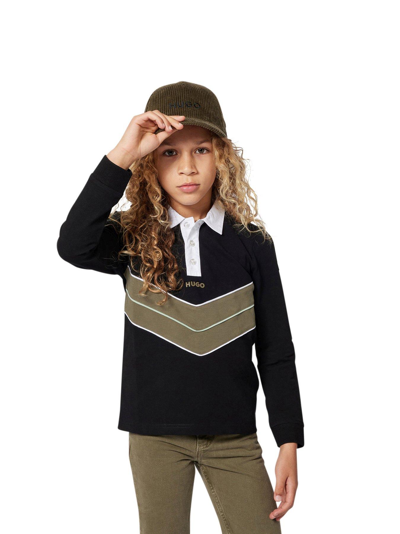 front image of hugo-boys-long-sleeve-polo-shirt-black