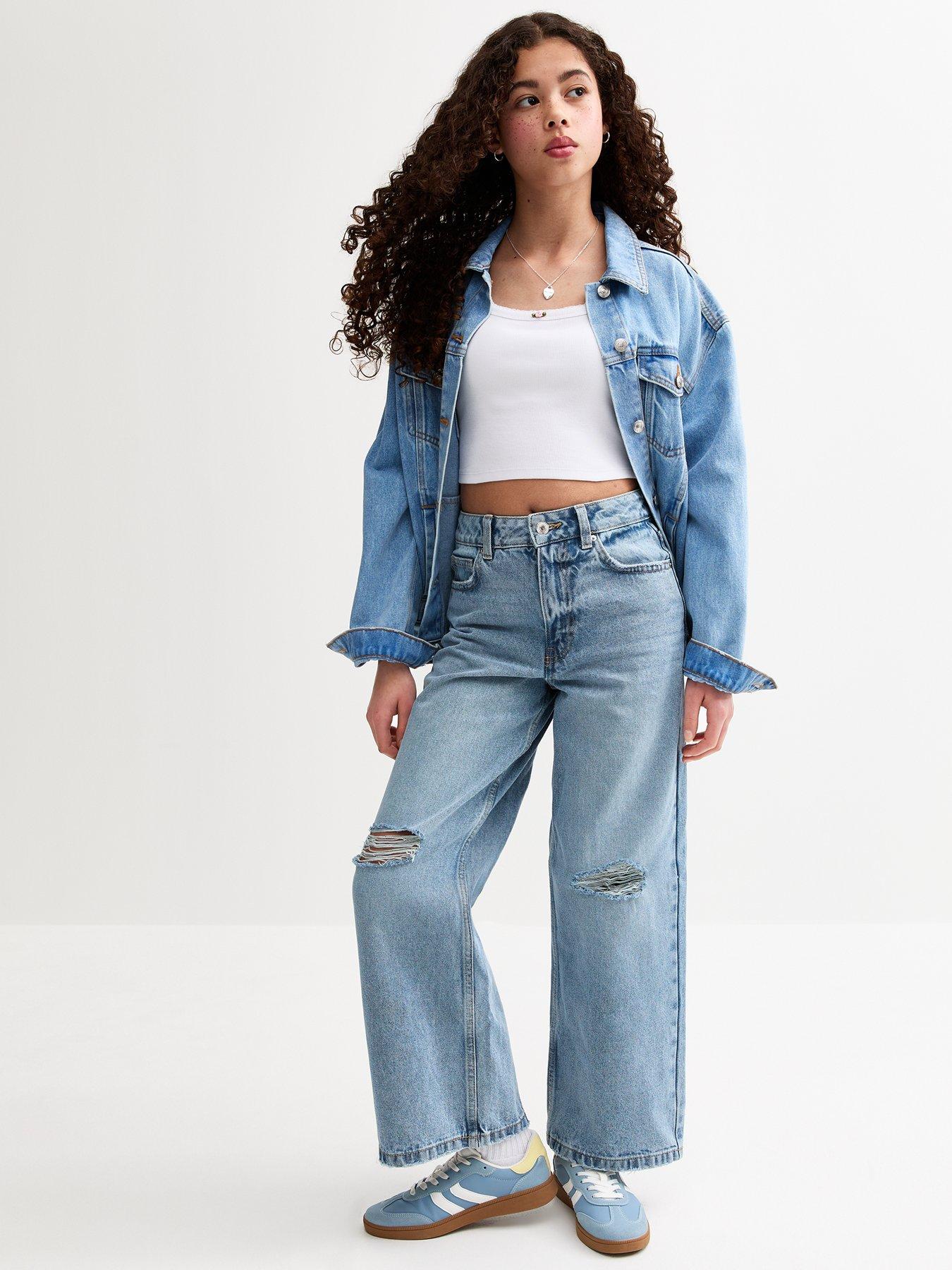 Image 3 of 5 of New Look 915 Light Blue Ripped Knee Super Wide Leg Jeans - Light Blue