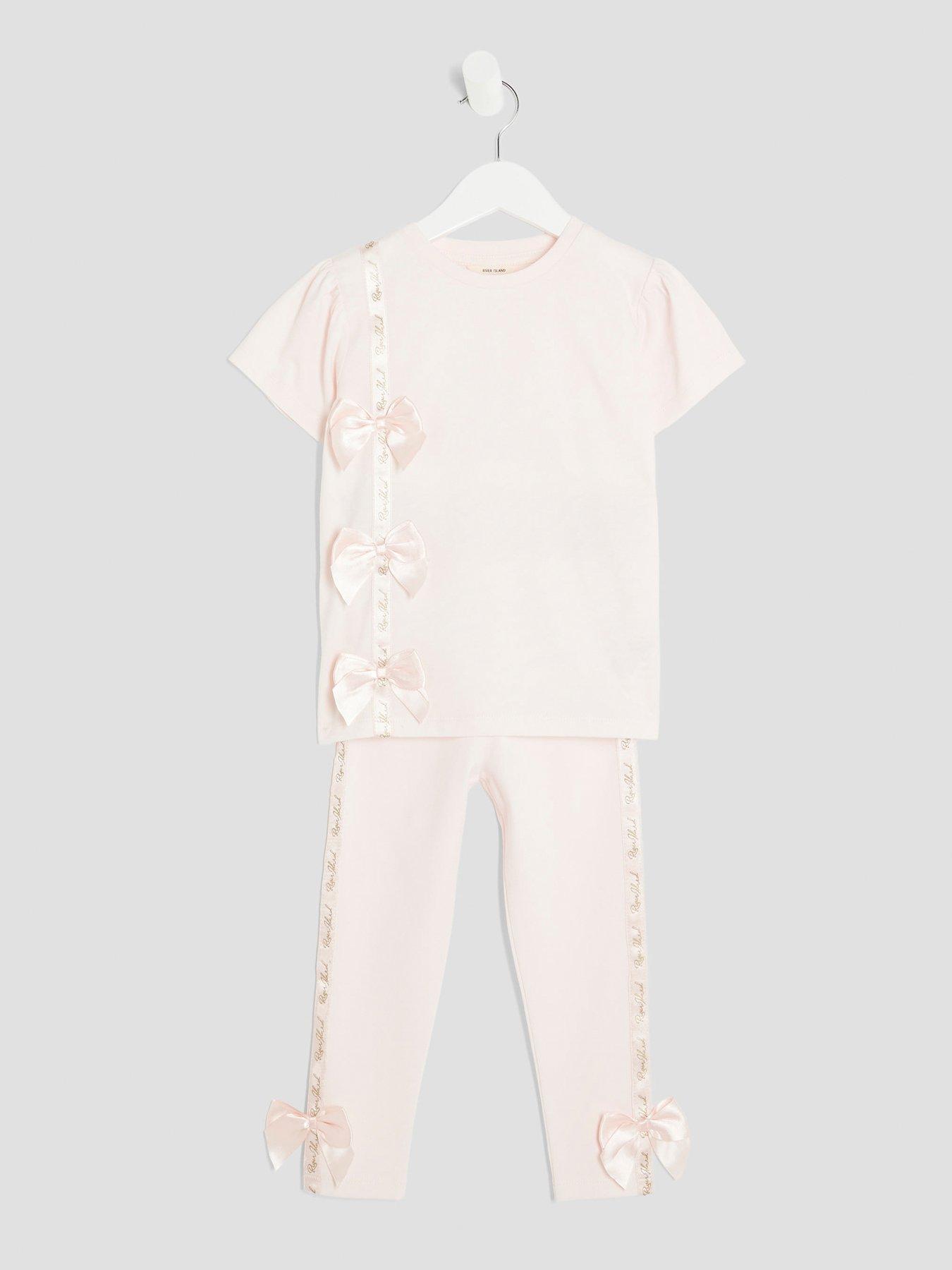  image of river-island-mini-girls-bow-t-shirt-and-leggings-set-pink