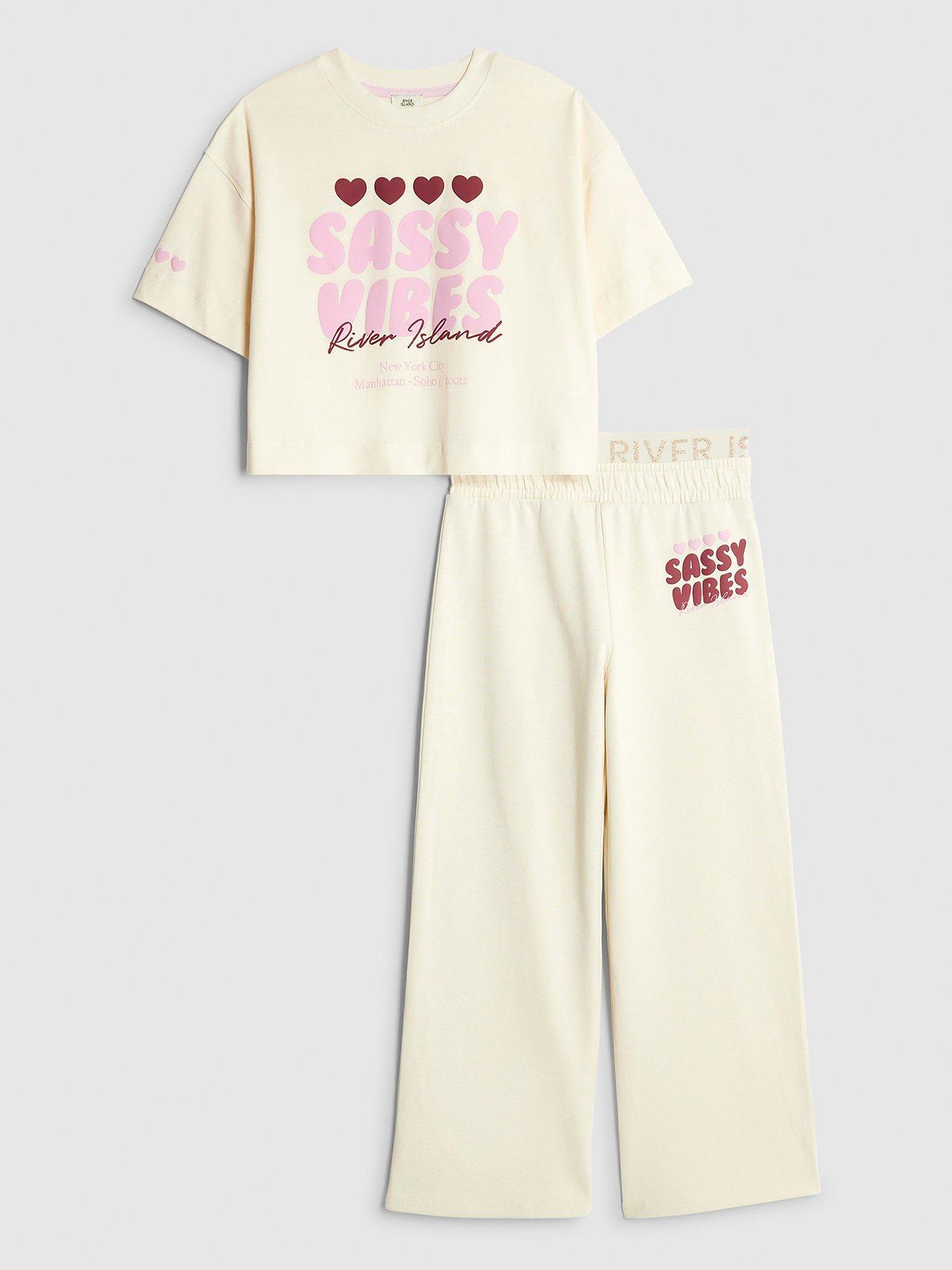 River Island Older Girls Sassy Vibes T-Shirt Set - Cream