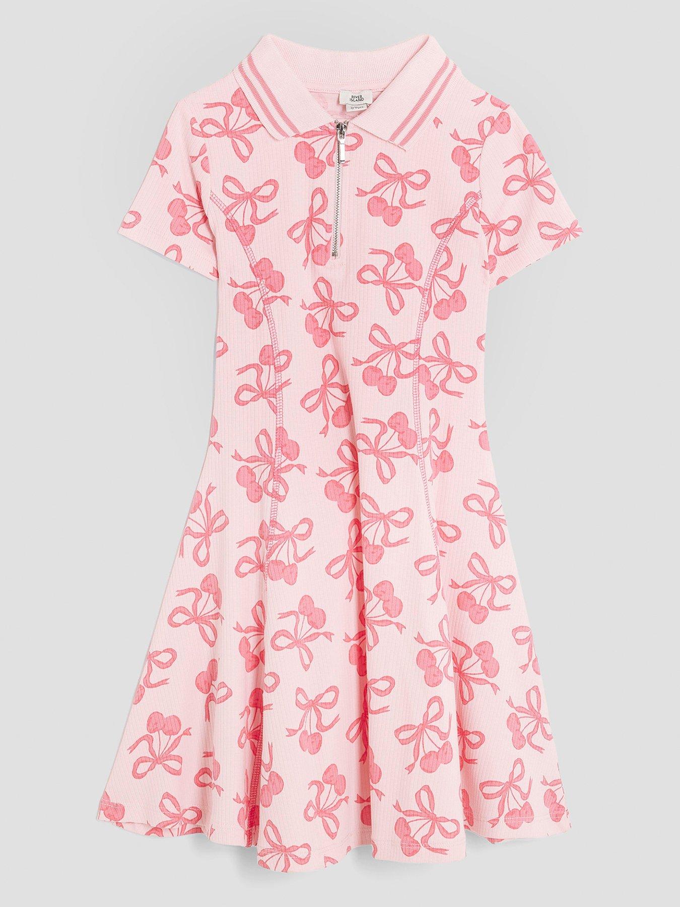 front image of river-island-older-girls-ribbed-cherry-bow-dress-pink