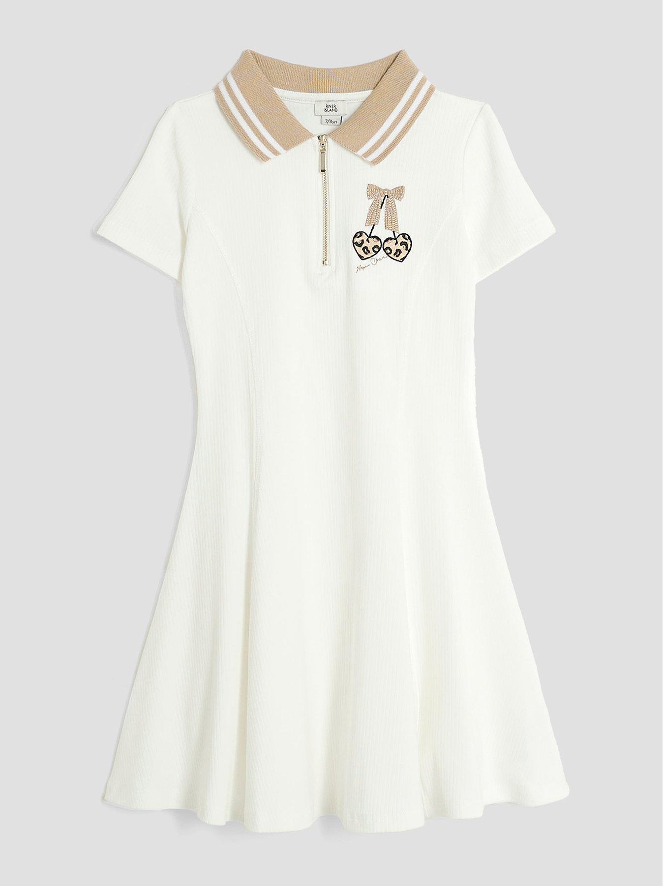 undefined Older Girls Ribbed Leopard Cherry Polo Dress - Cream