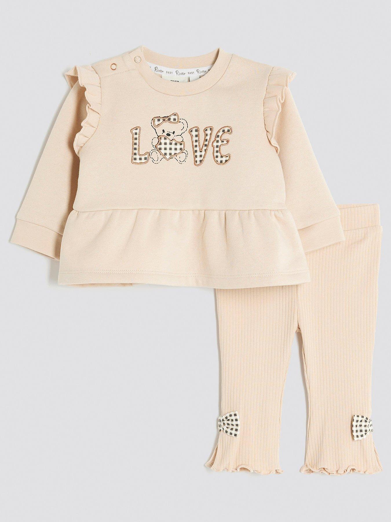 Image 1 of 4 of River Island Baby Girls Peplum Sweatshirt Set - Beige