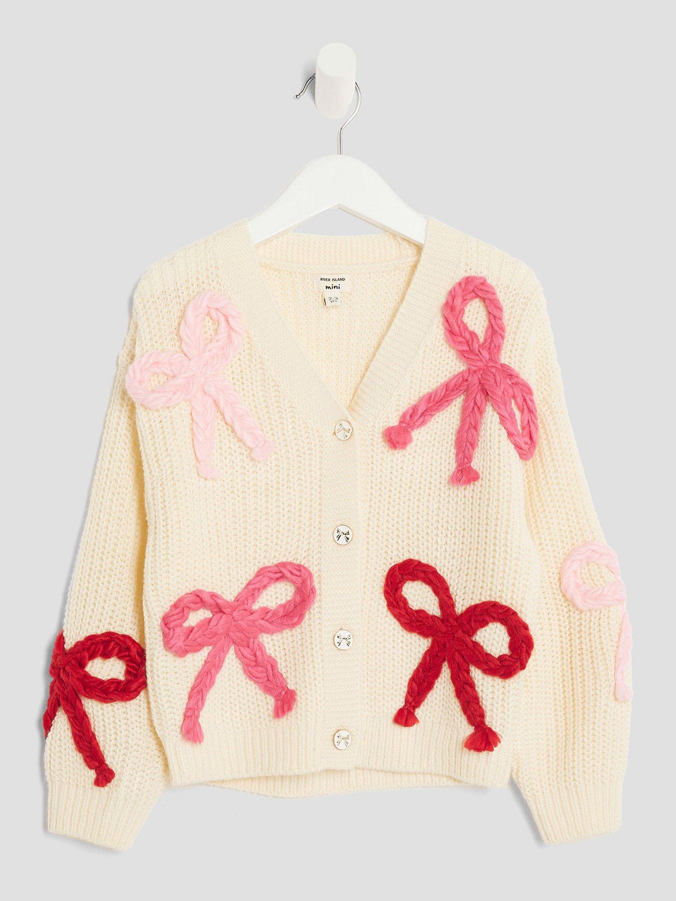 Image 1 of 4 of River Island Mini Girls 3D Bow Cardigan - Cream