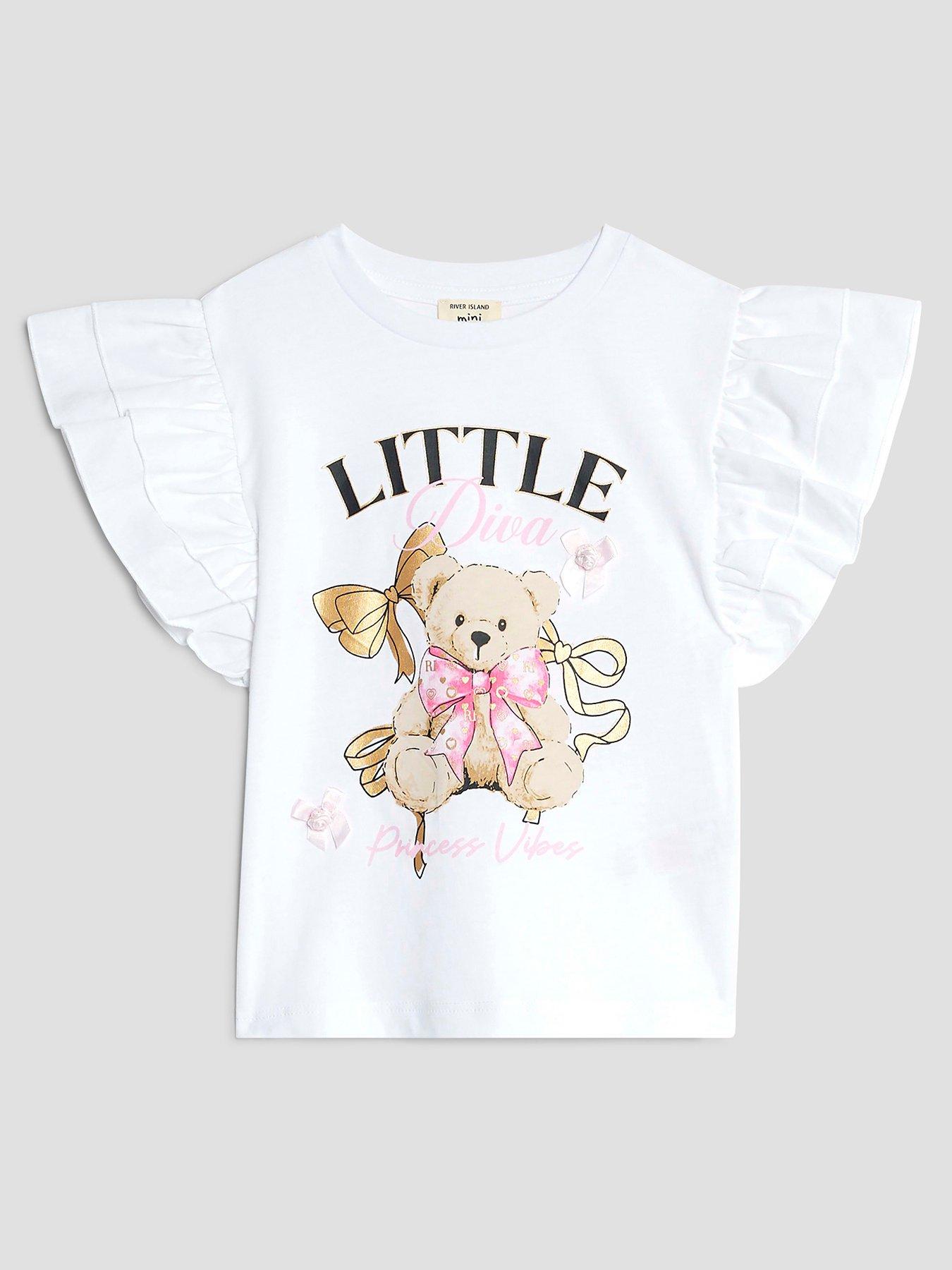 River Island Mini Mini Girls Frill Sleeve Bear T-shirt - White