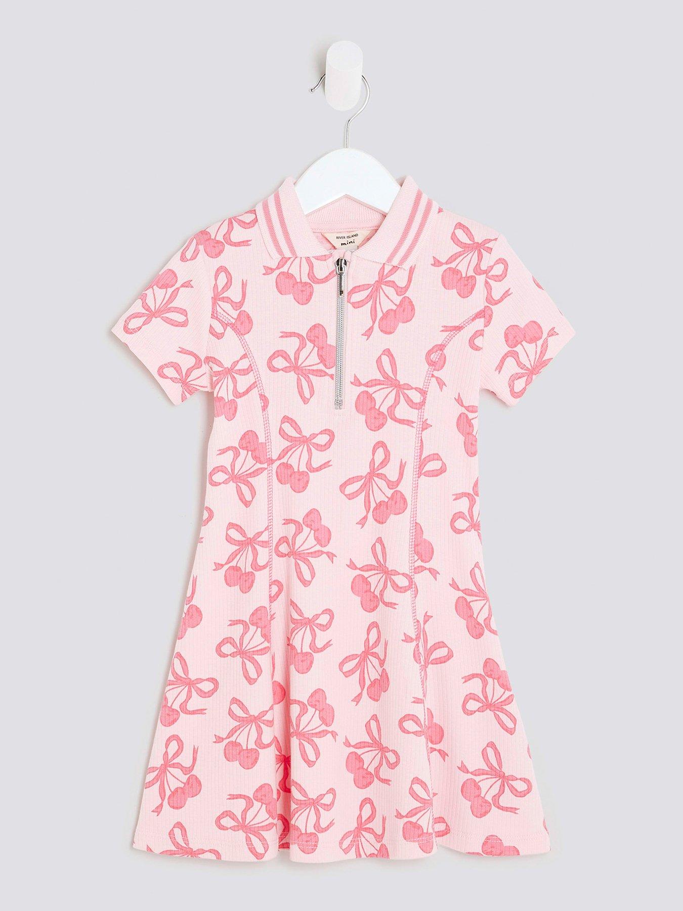 undefined Girls Ribbed Cherry Bow Dress - Pink