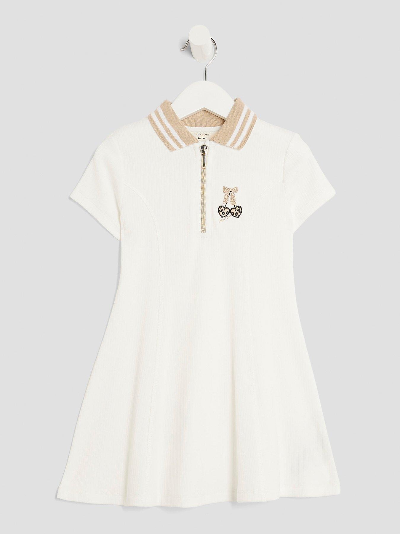Image 1 of 4 of River Island Mini Girls Ribbed Leopard Cherry Bow Dress - White - Cream