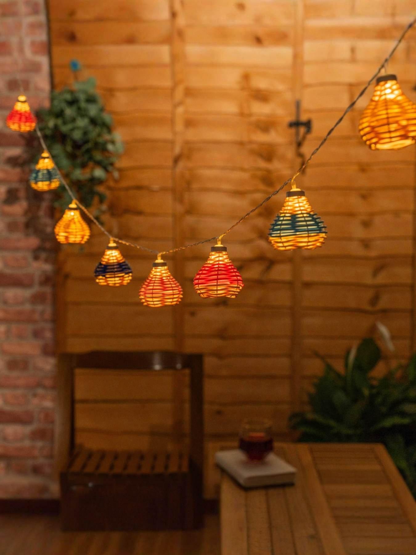 ValueLights Battery Powered Multicolour Rattan String Lights - Set of 10