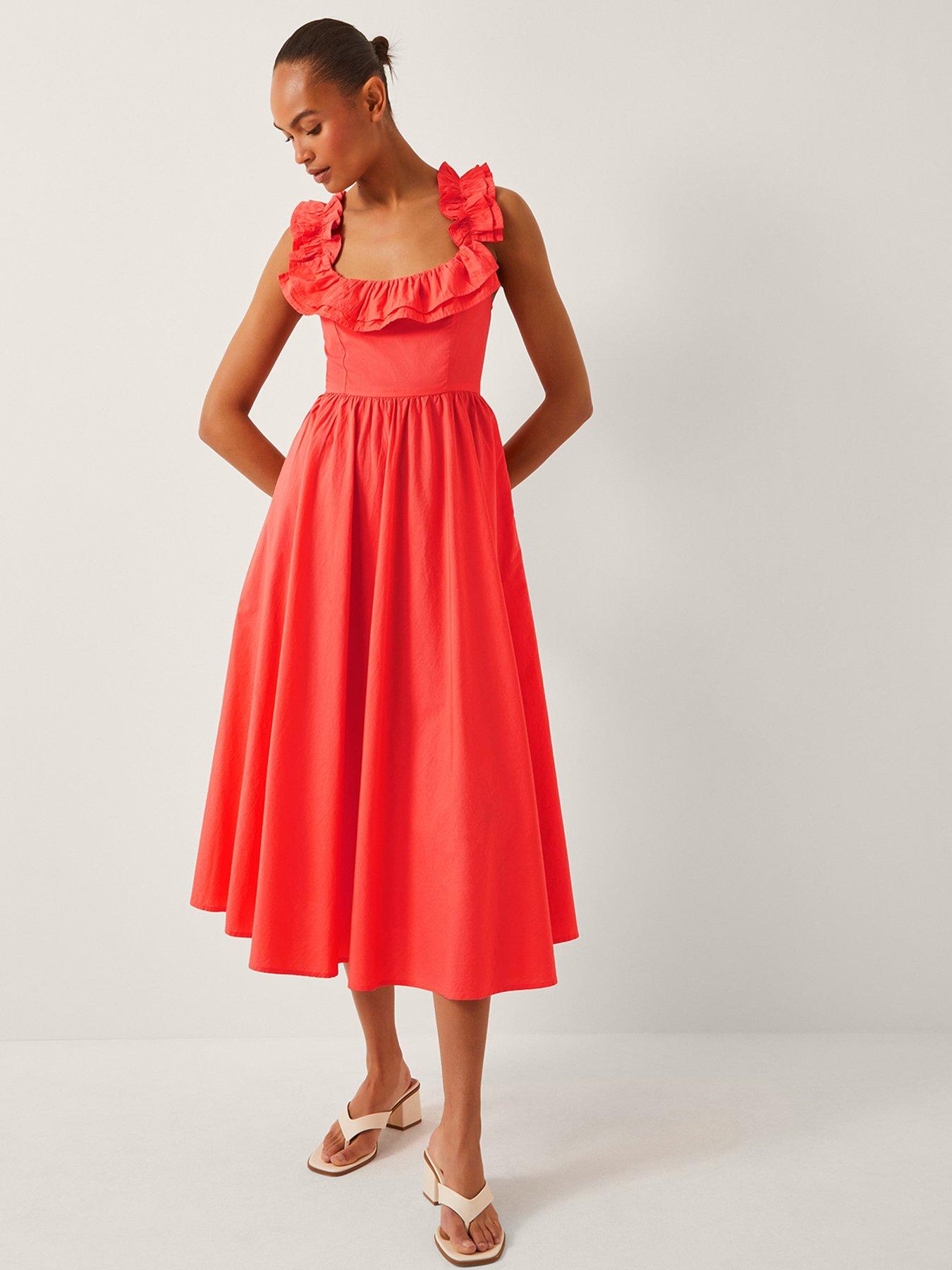 Image 1 of 5 of Monsoon Maria Ruffle Dress - Coral Orange