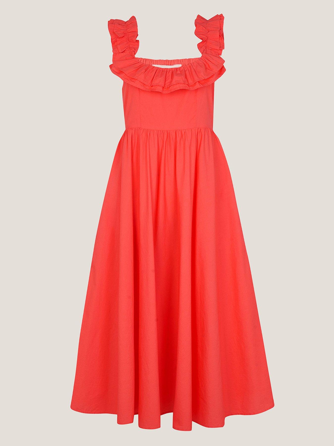 Image 3 of 5 of Monsoon Maria Ruffle Dress - Coral Orange