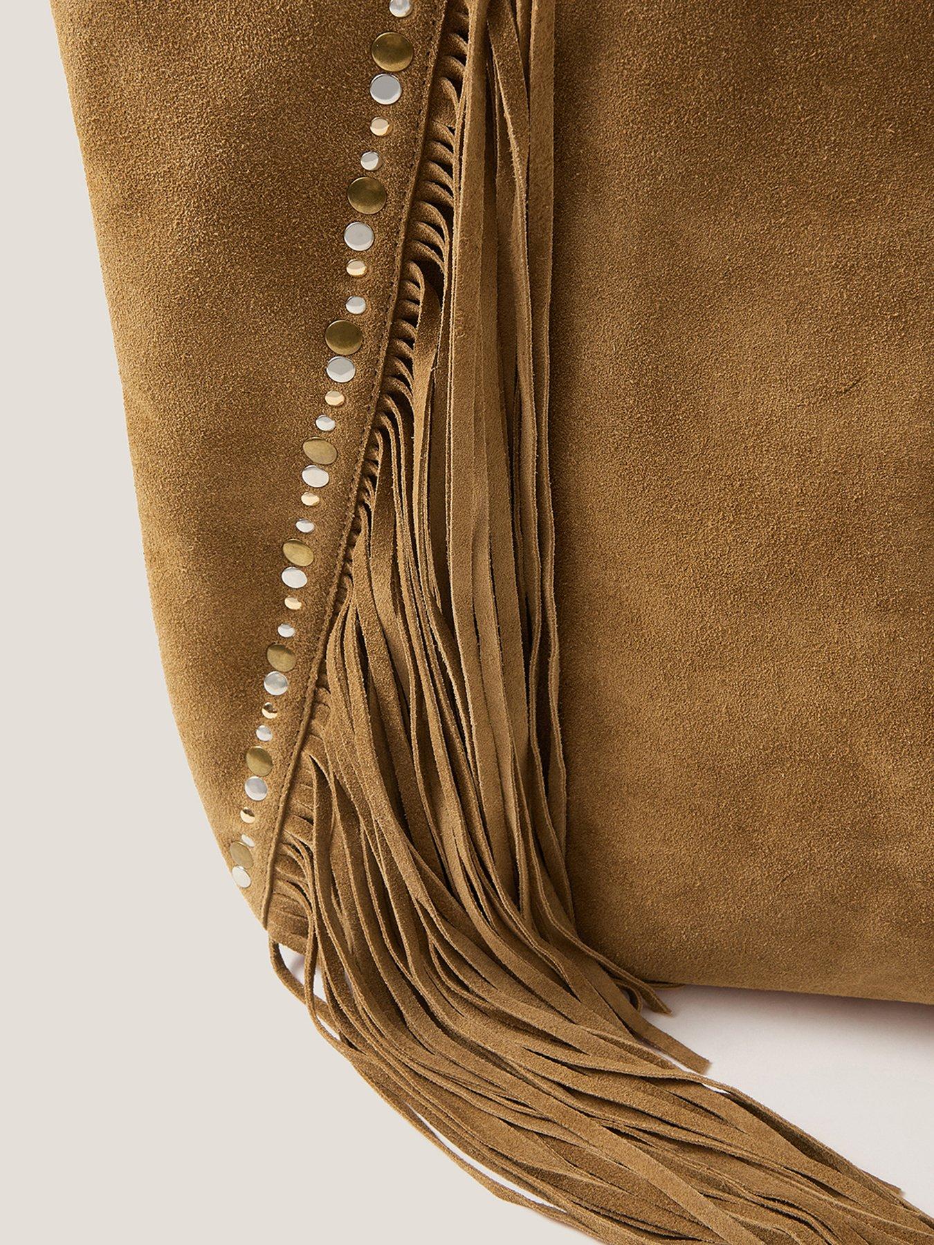 Image 3 of 4 of Monsoon Daisy Suede Fringe Tote - Brown