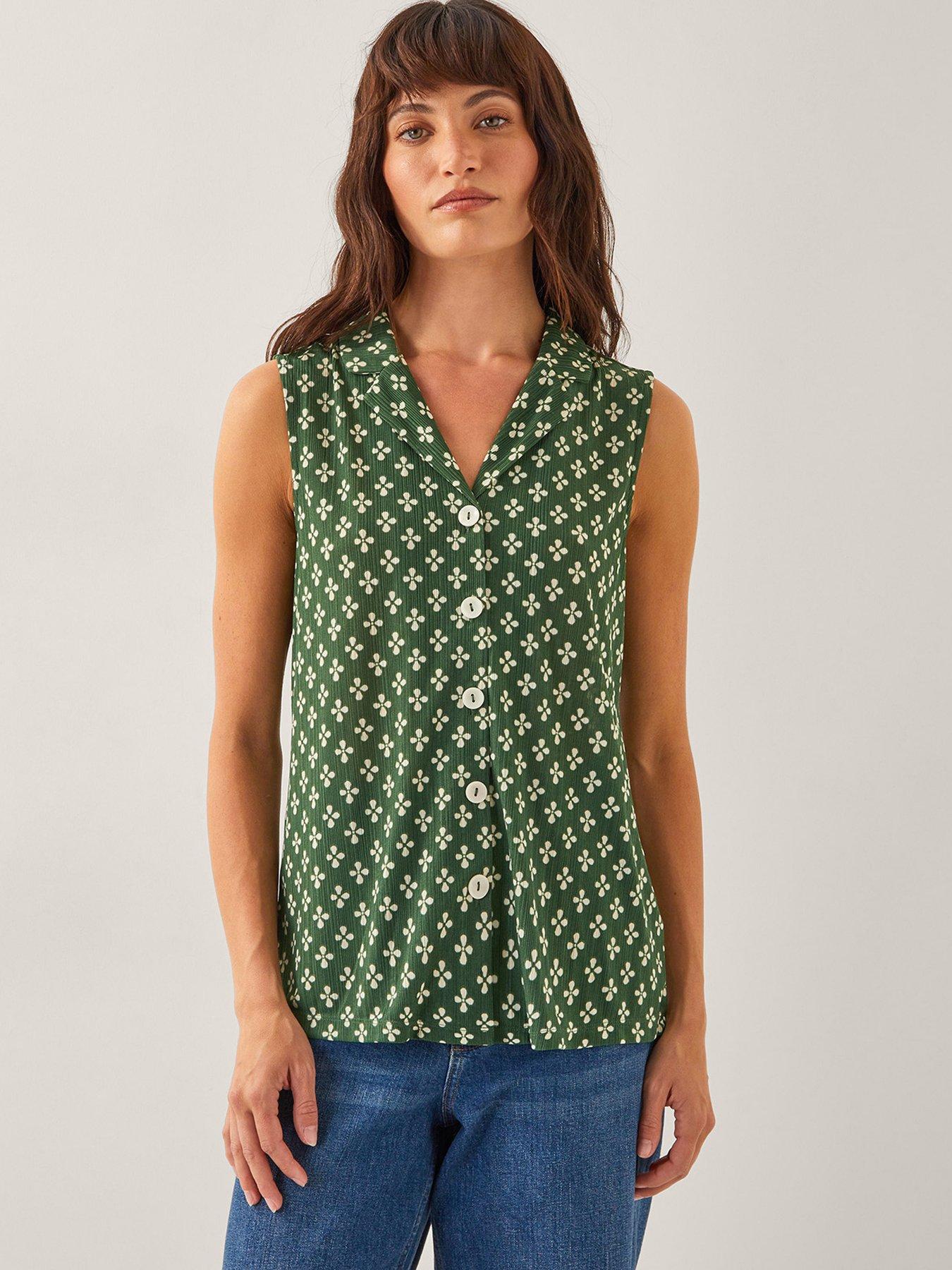 Image 1 of 6 of Monsoon Daisey Geo Jersey Top - Khaki - Green