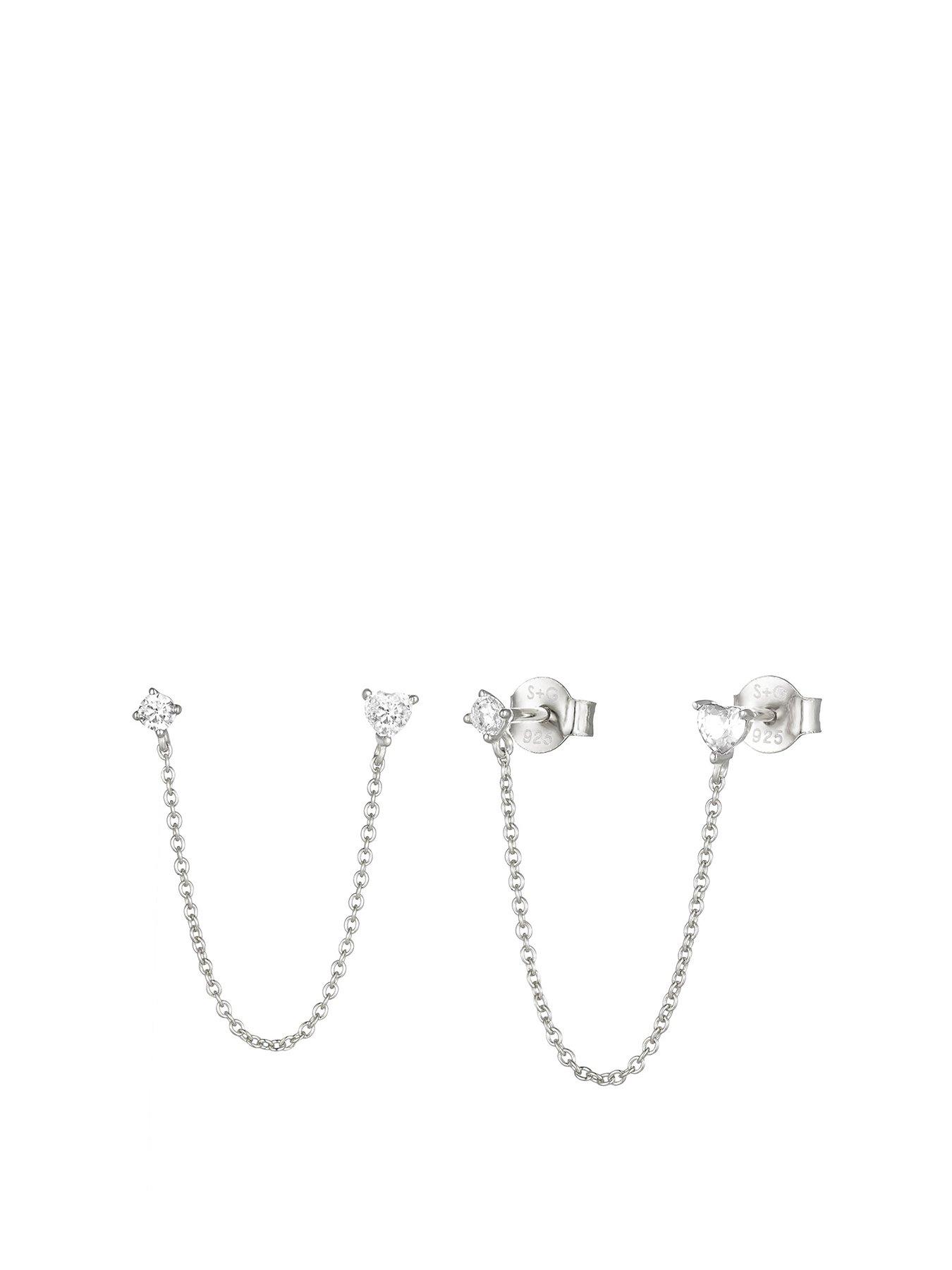 undefined Sterling Heart Shape Cz Chain Studs - Silver