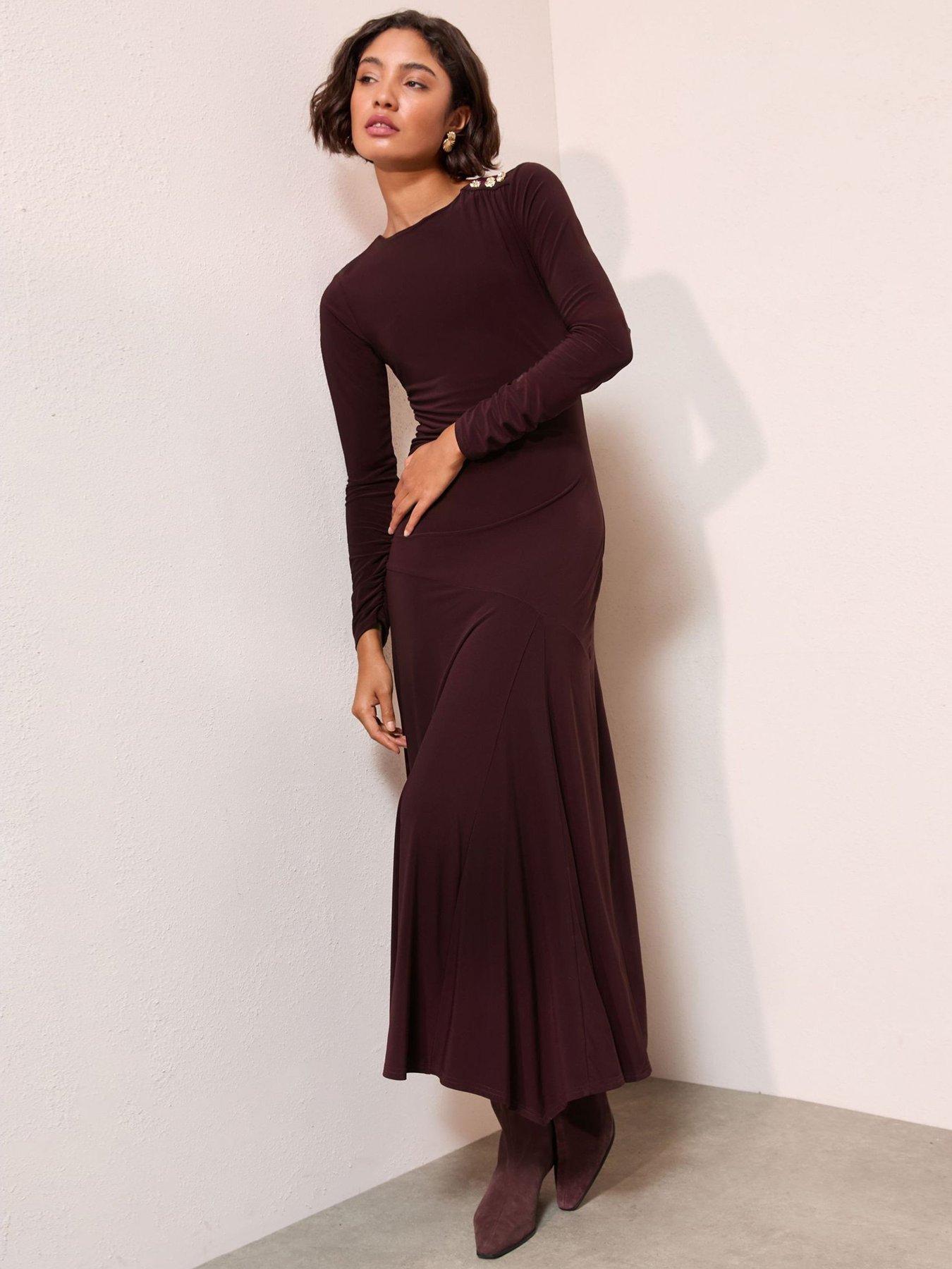 Friends Like These Slinky Ruched Long Sleeve Button Shoulder Maxi Dress - Burgundy
