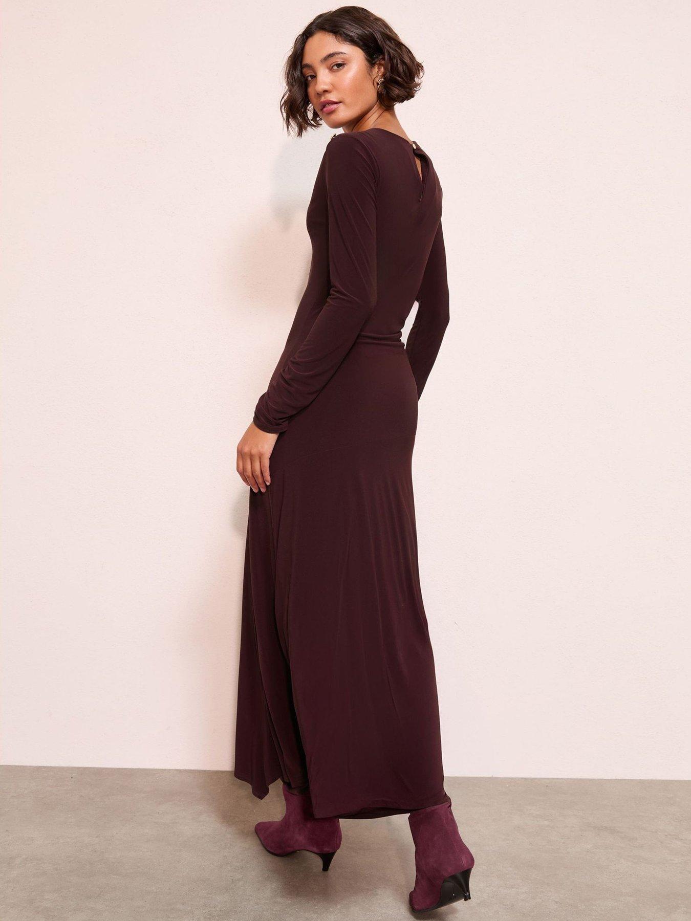 stillFront image of friends-like-these-slinky-ruched-long-sleeve-button-shoulder-maxi-dress-burgundy