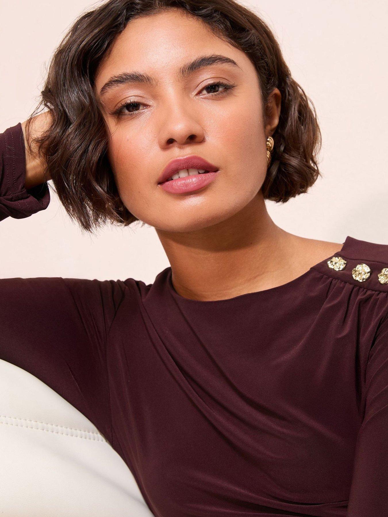  image of friends-like-these-slinky-ruched-long-sleeve-button-shoulder-maxi-dress-burgundy