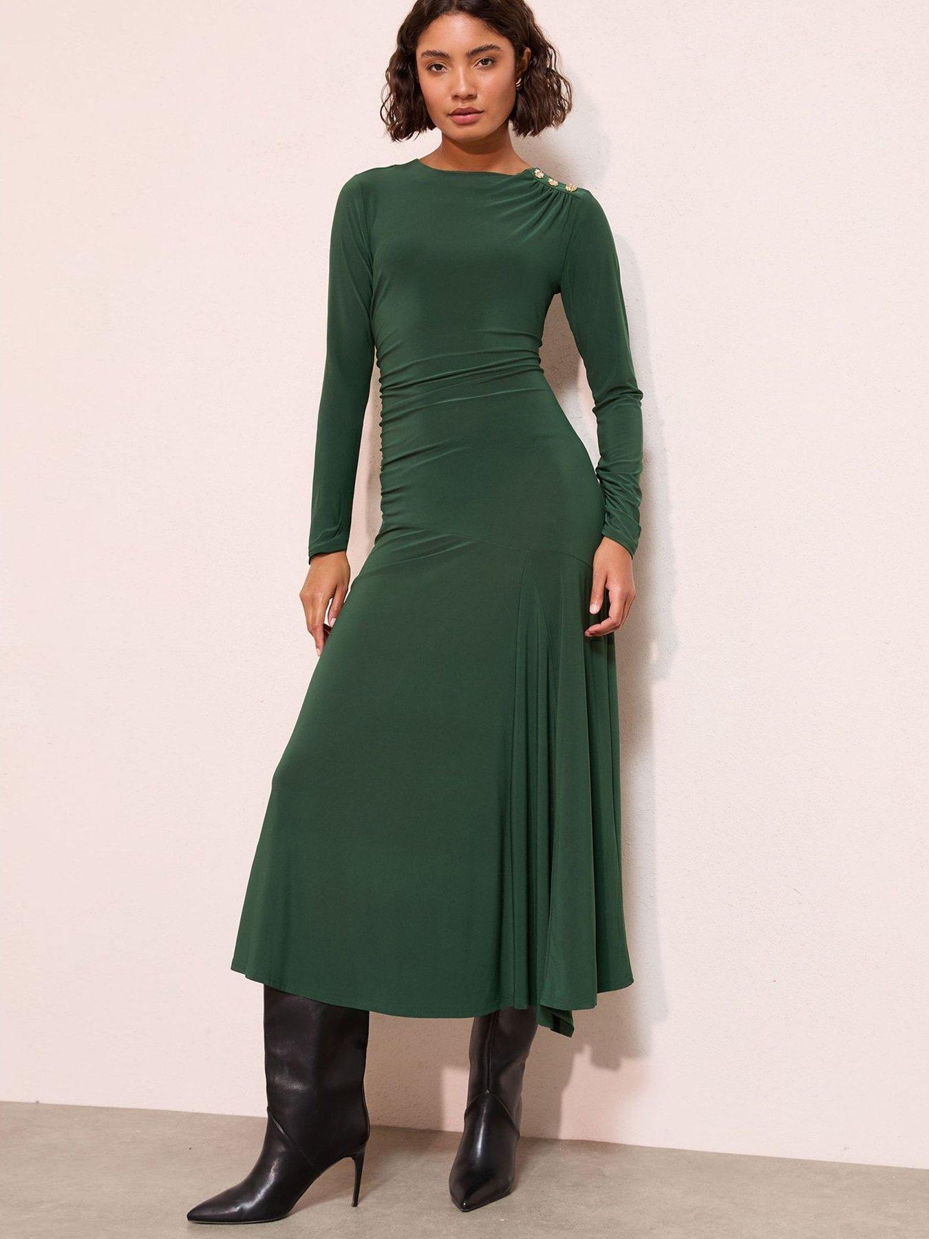  image of friends-like-these-slinky-ruched-long-sleeve-button-shoulder-maxi-dress-dark-green