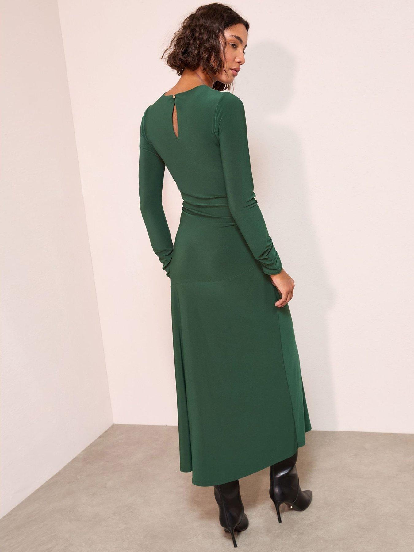  image of friends-like-these-slinky-ruched-long-sleeve-button-shoulder-maxi-dress-dark-green