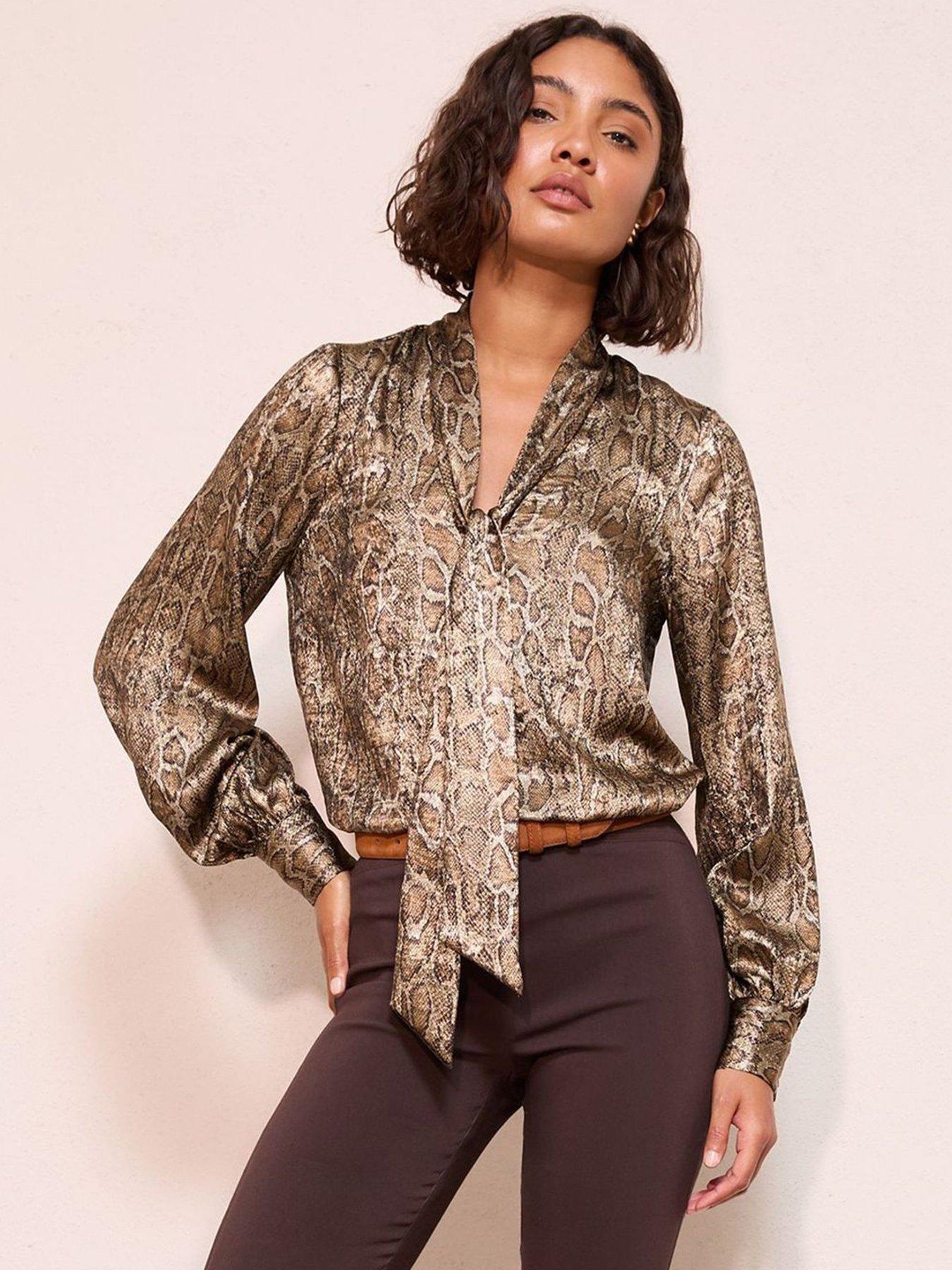 undefined Tie Neck Snake Foil Blouse - Brown