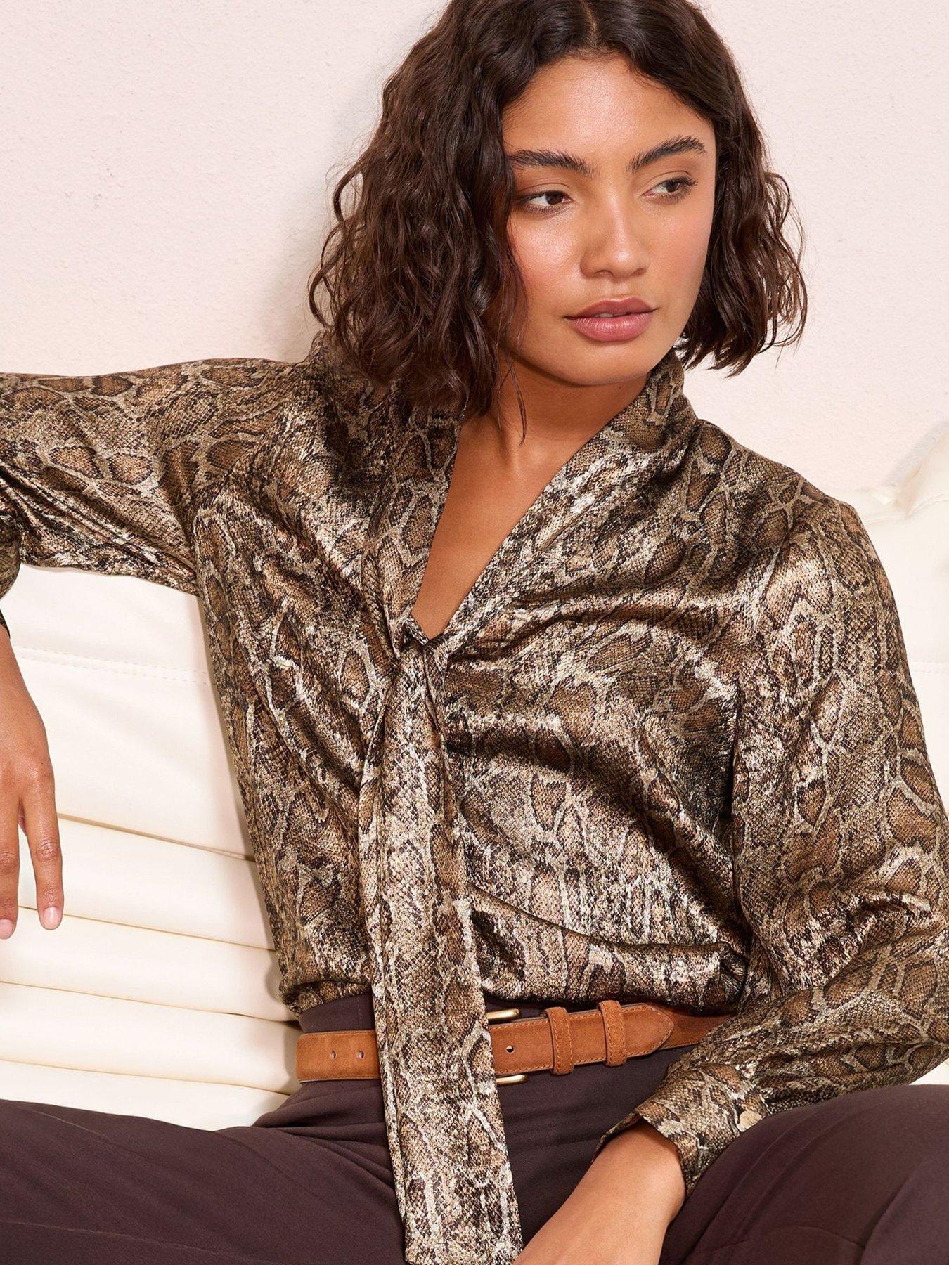 Image 4 of 5 of Friends Like These Tie Neck Snake Foil Blouse - Brown