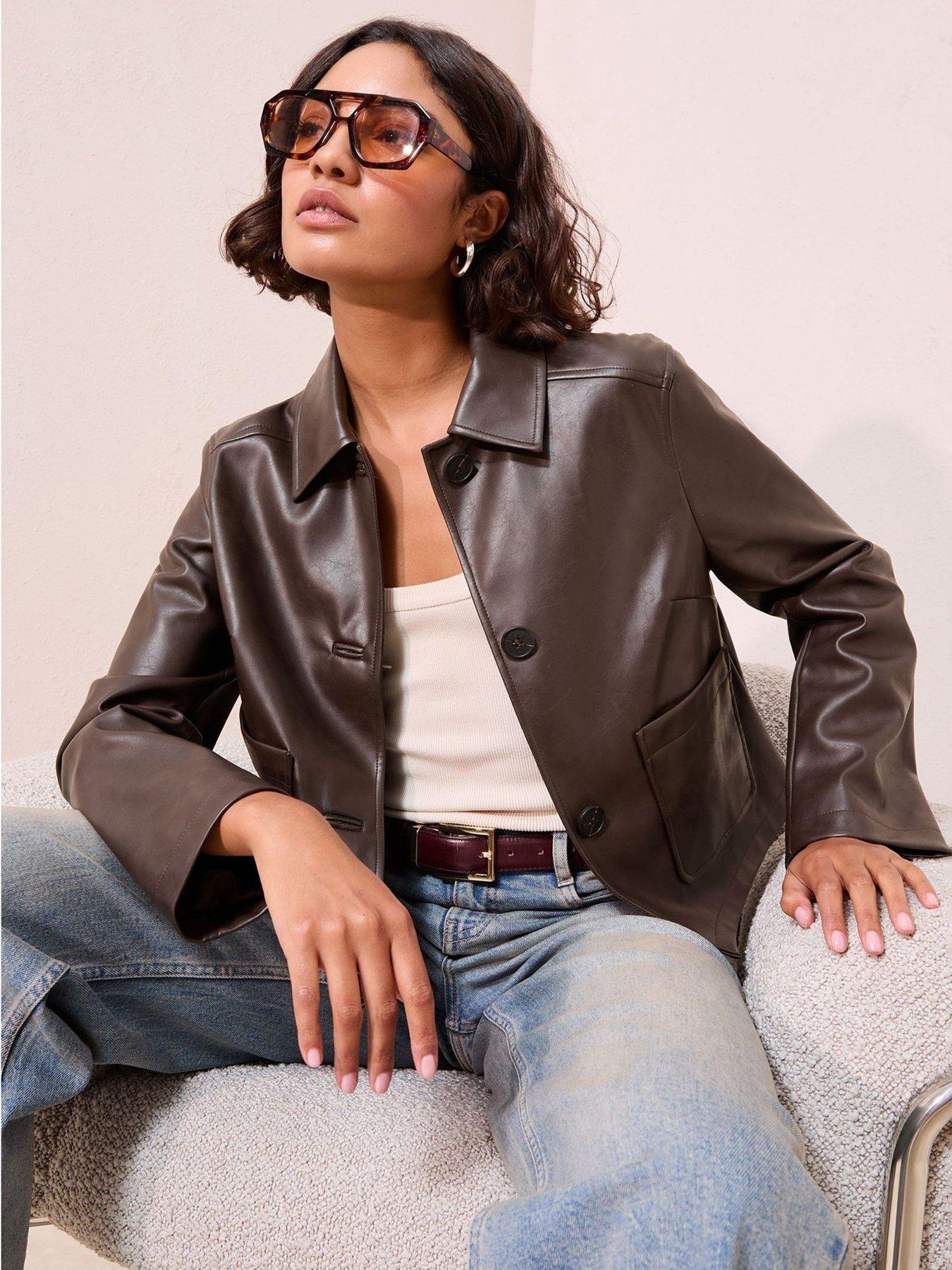 Image 1 of 4 of Friends Like These Faux Leather Short Collared Jacket - Brown