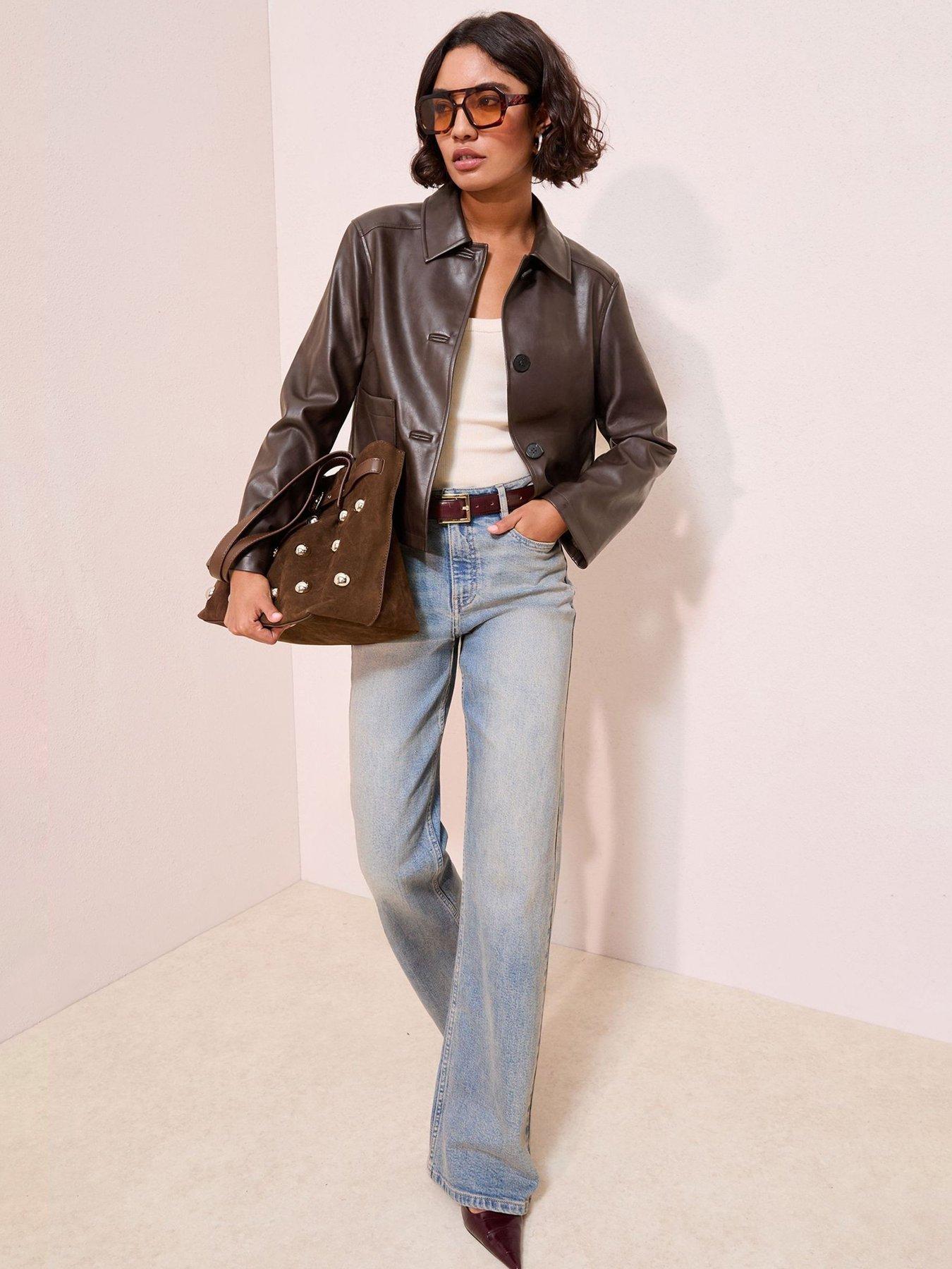 Image 4 of 4 of Friends Like These Faux Leather Short Collared Jacket - Brown