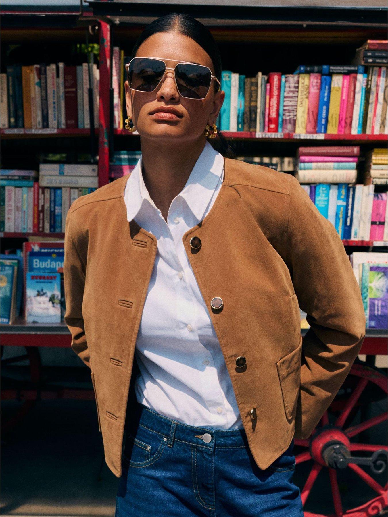  image of friends-like-these-collarless-faux-suede-jacket-brown