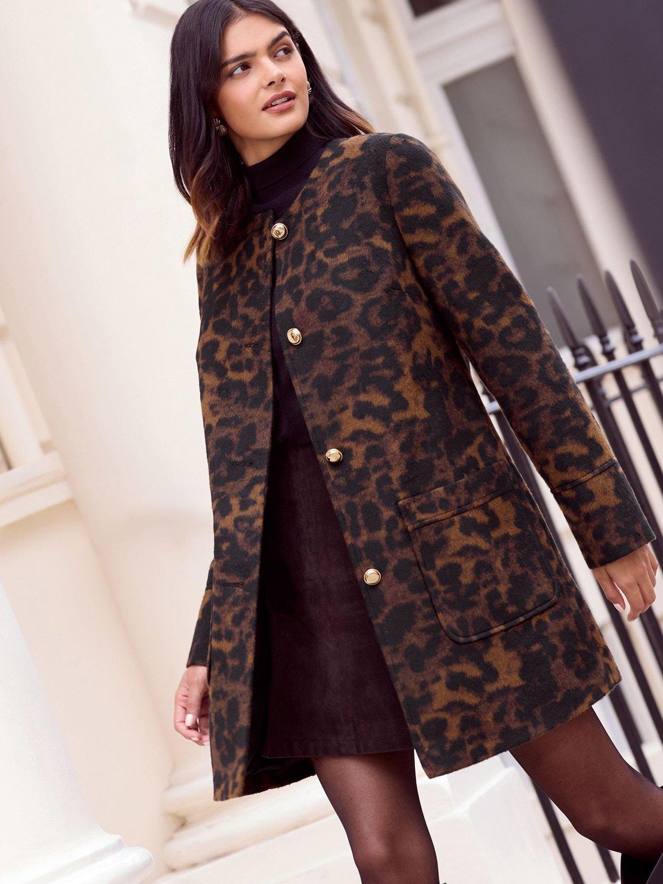 undefined Collarless Swing Coat - Animal - Brown