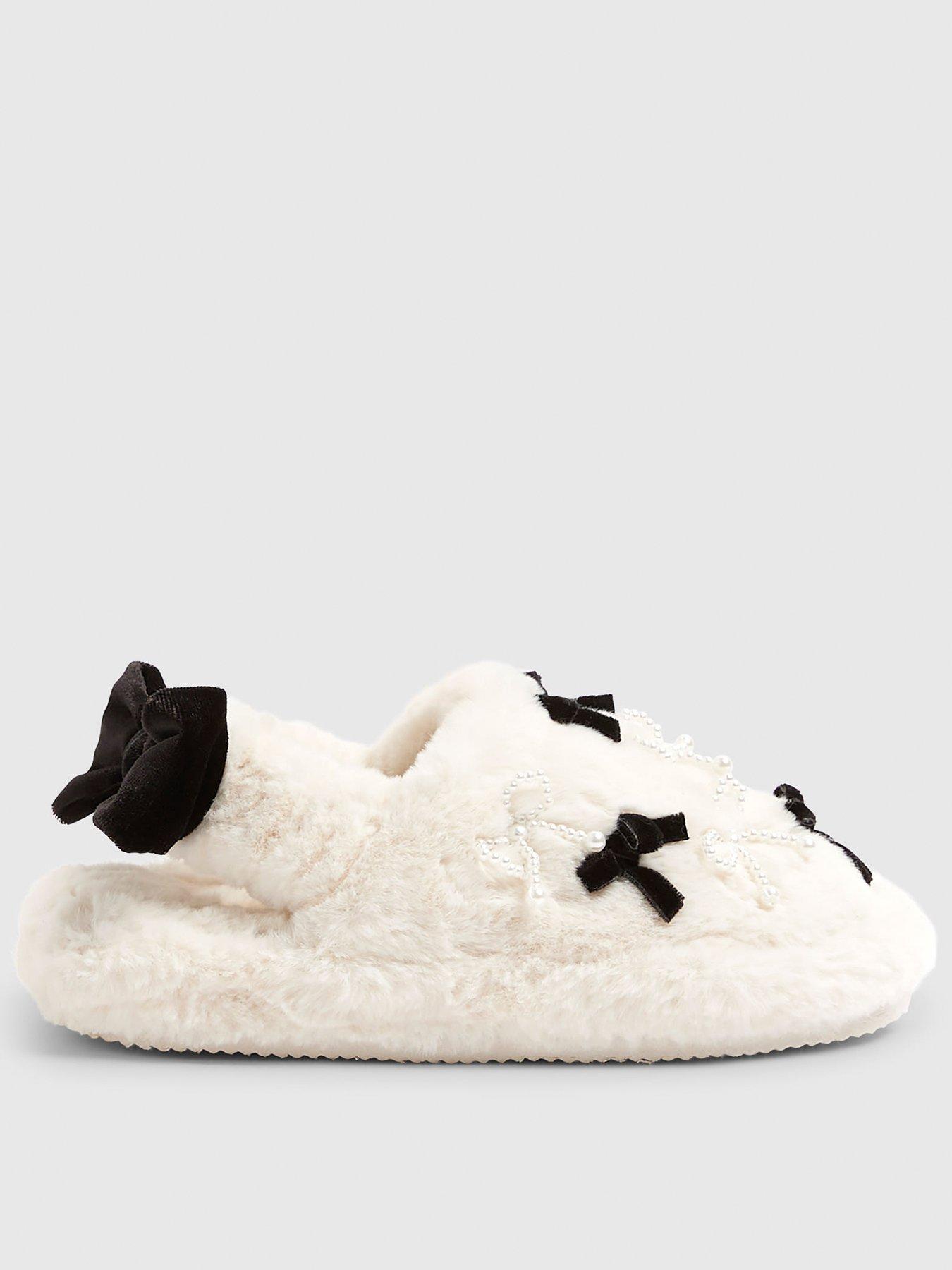 River Island Older Girls Faux Fur Bow Slippers - Cream