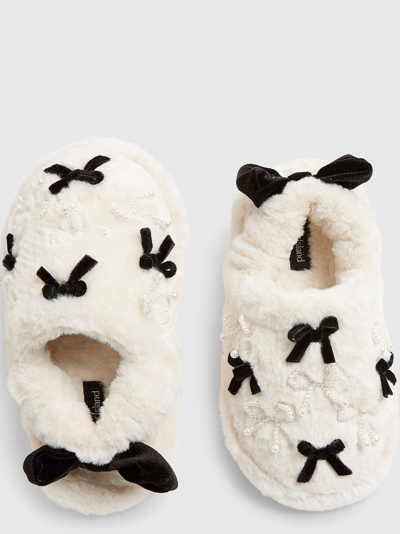  image of river-island-older-girls-faux-fur-bow-slippers-cream
