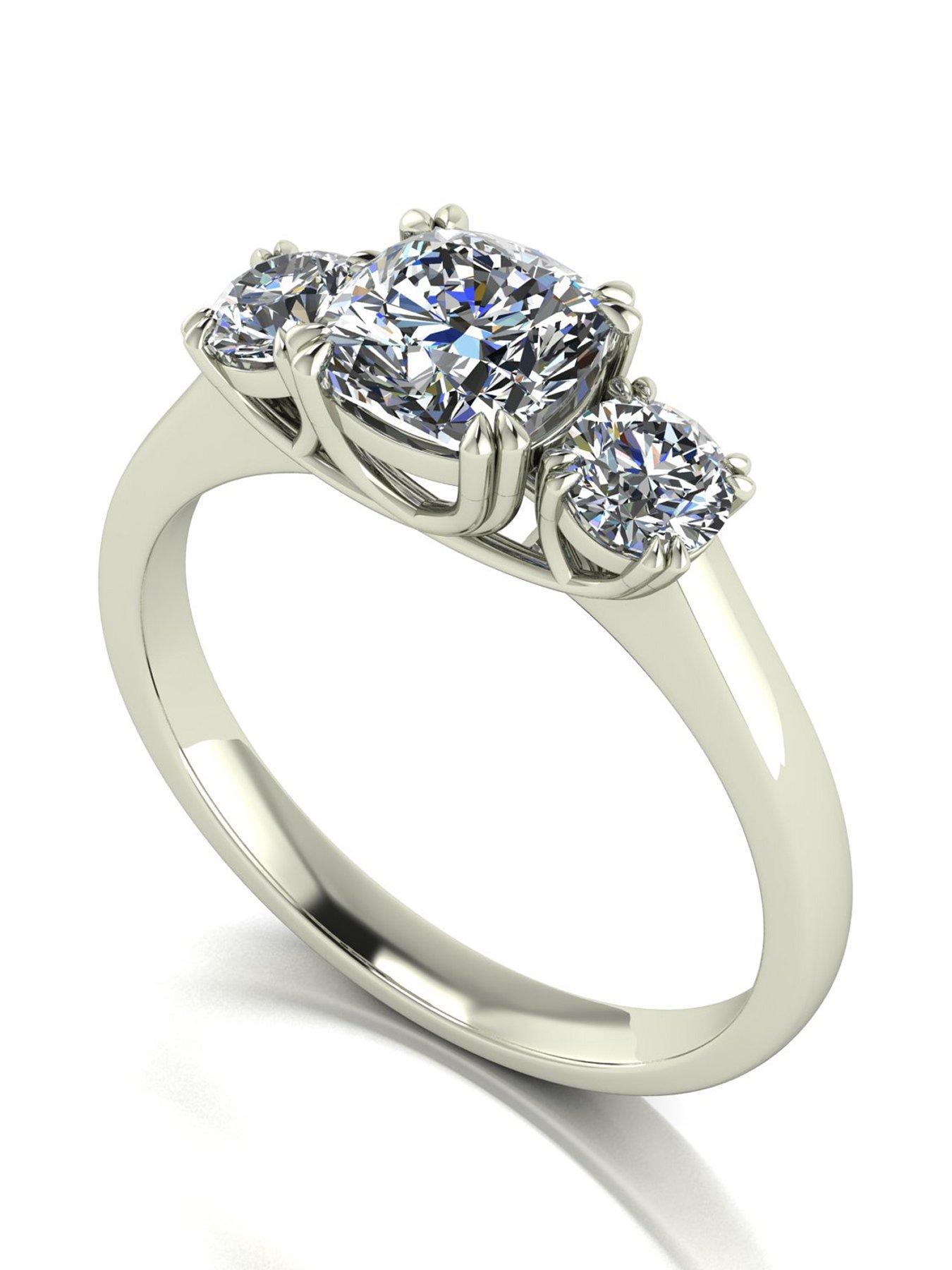 undefined 9ct White Gold 1.60ct total eq Criss Cross Cushion and Round Brilliant Moissanite Trilogy Ring