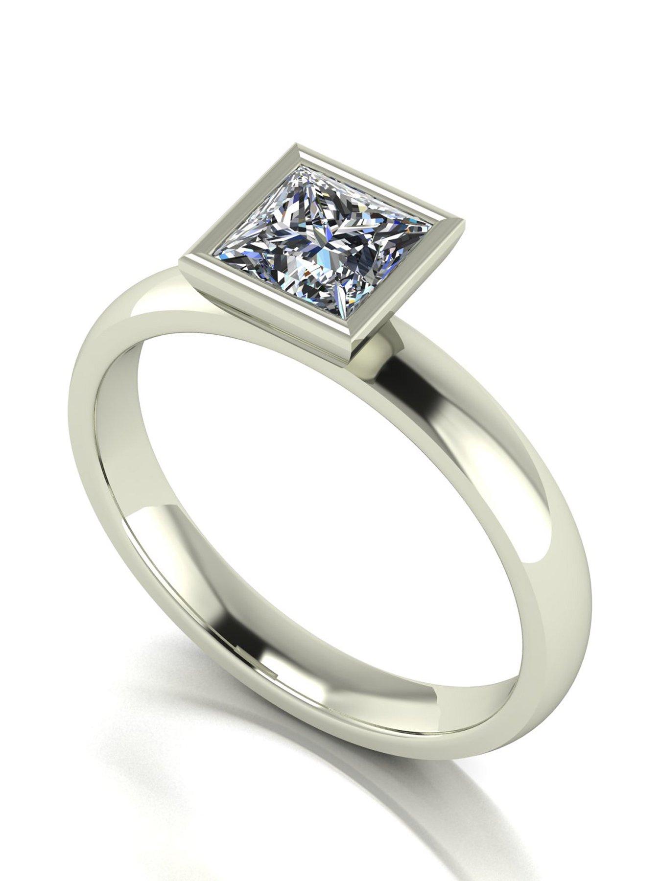 undefined 9ct White Gold 1.05ct Rub Set Square Brilliant Moissanite Wed Fit Solitaire Ring