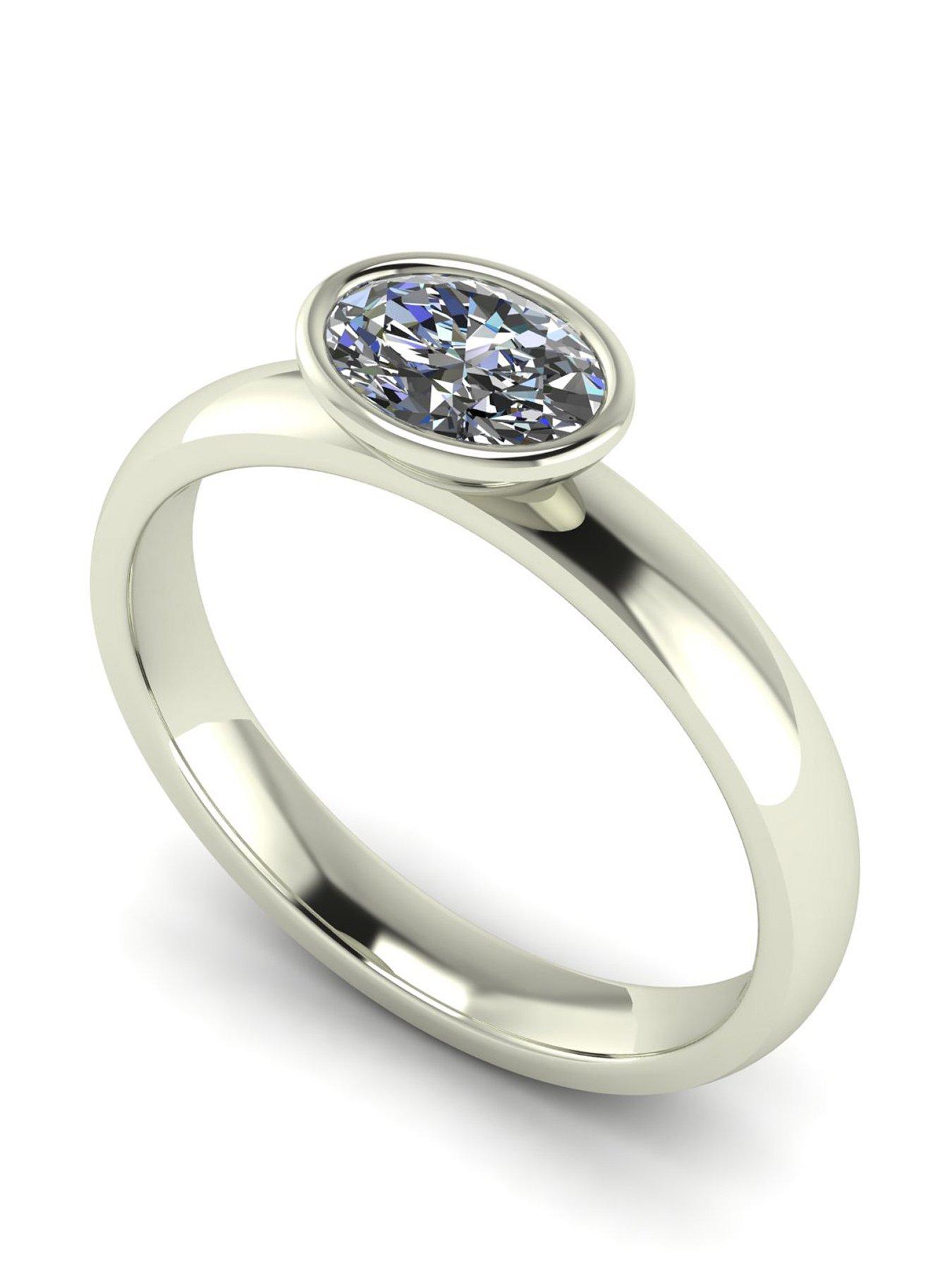 undefined 9ct White Gold 0.90ct Rub Set Oval Moissanite Wed Fit Solitaire Ring