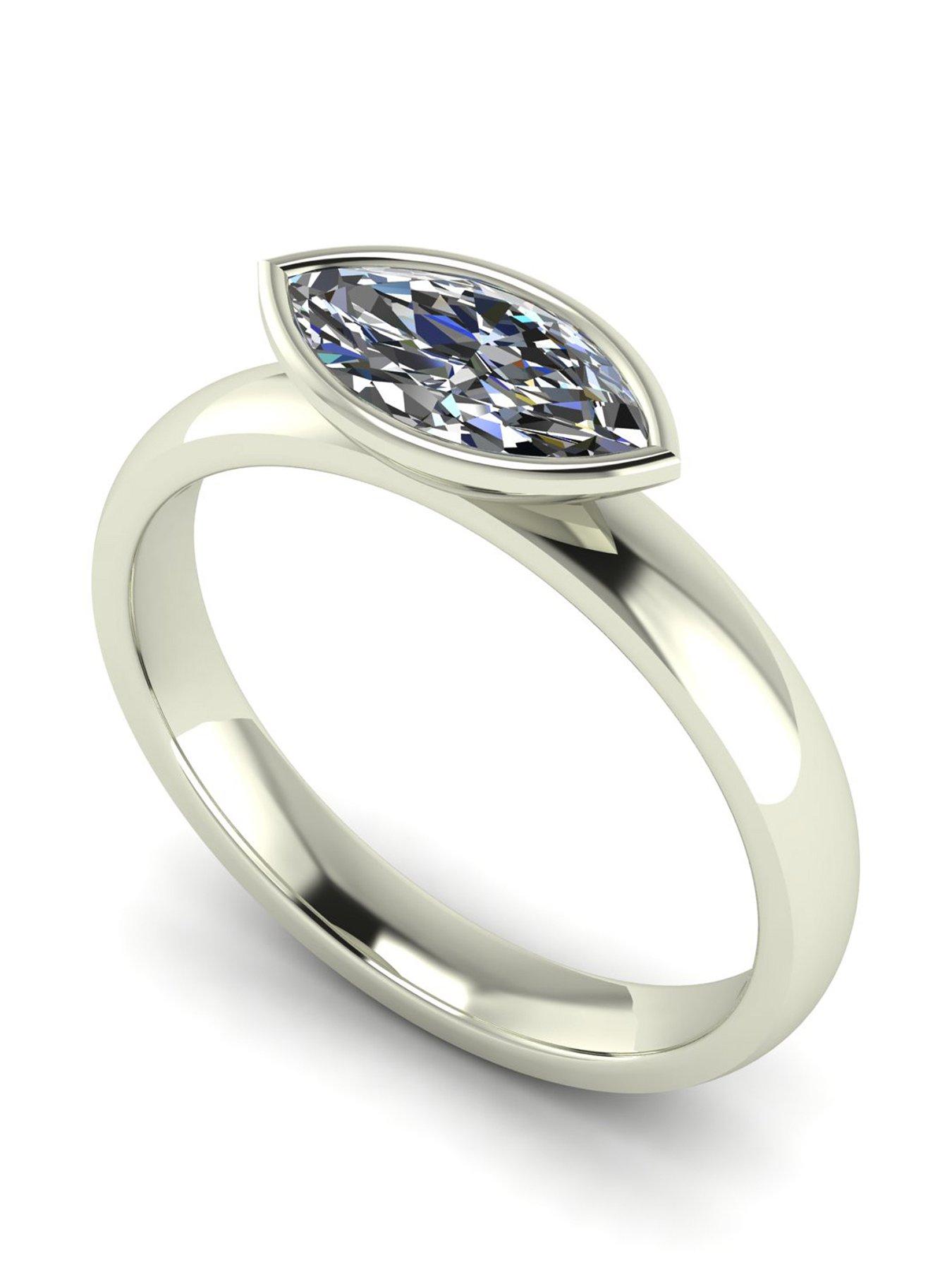 undefined 9ct White Gold 1ct Rub Set Marquise Moissanite Wed Fit Solitaire Ring