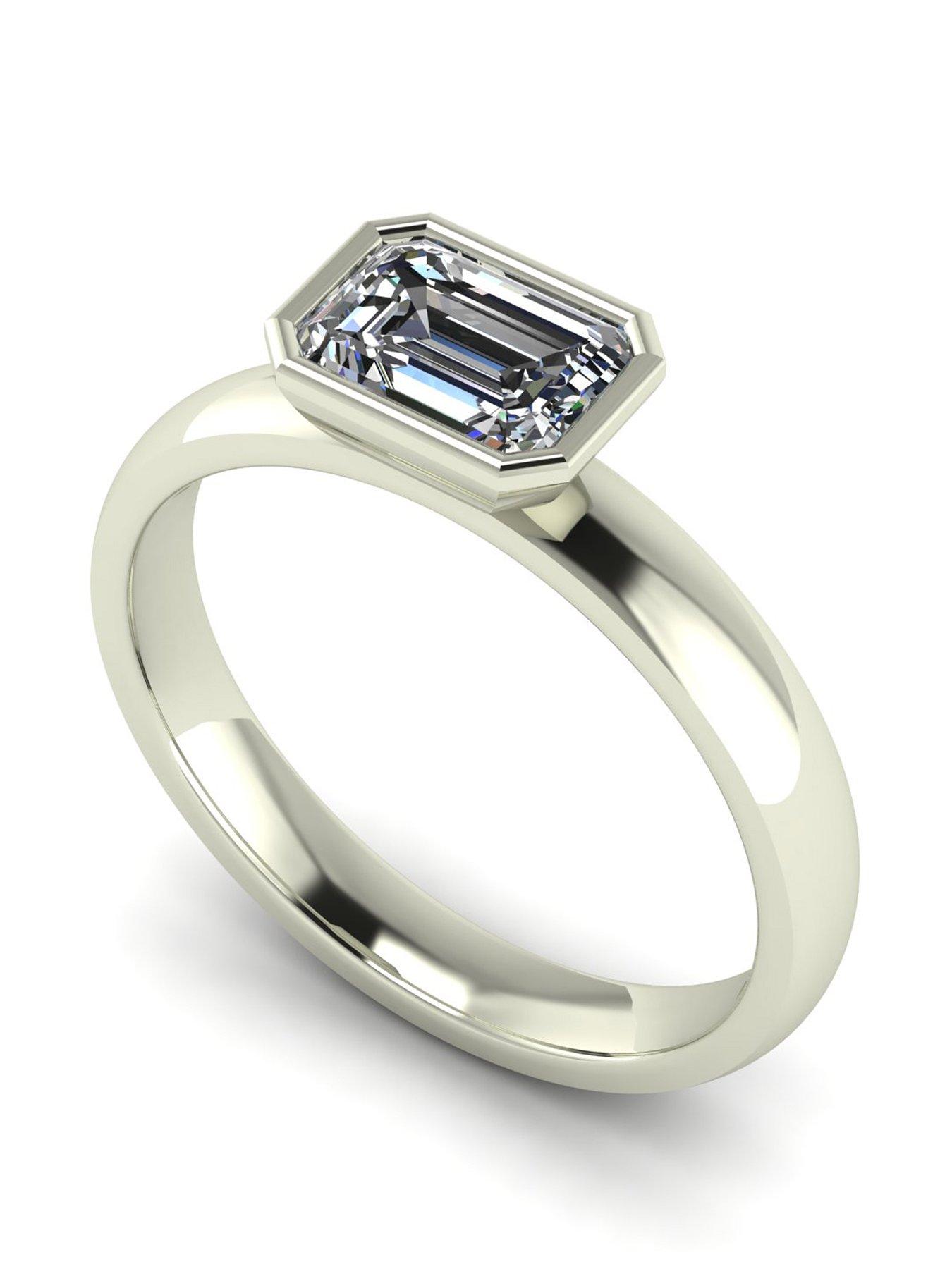 undefined 9ct White Gold 1ct Rub Set Emerald Cut Moissanite Wed Fit Solitaire Ring