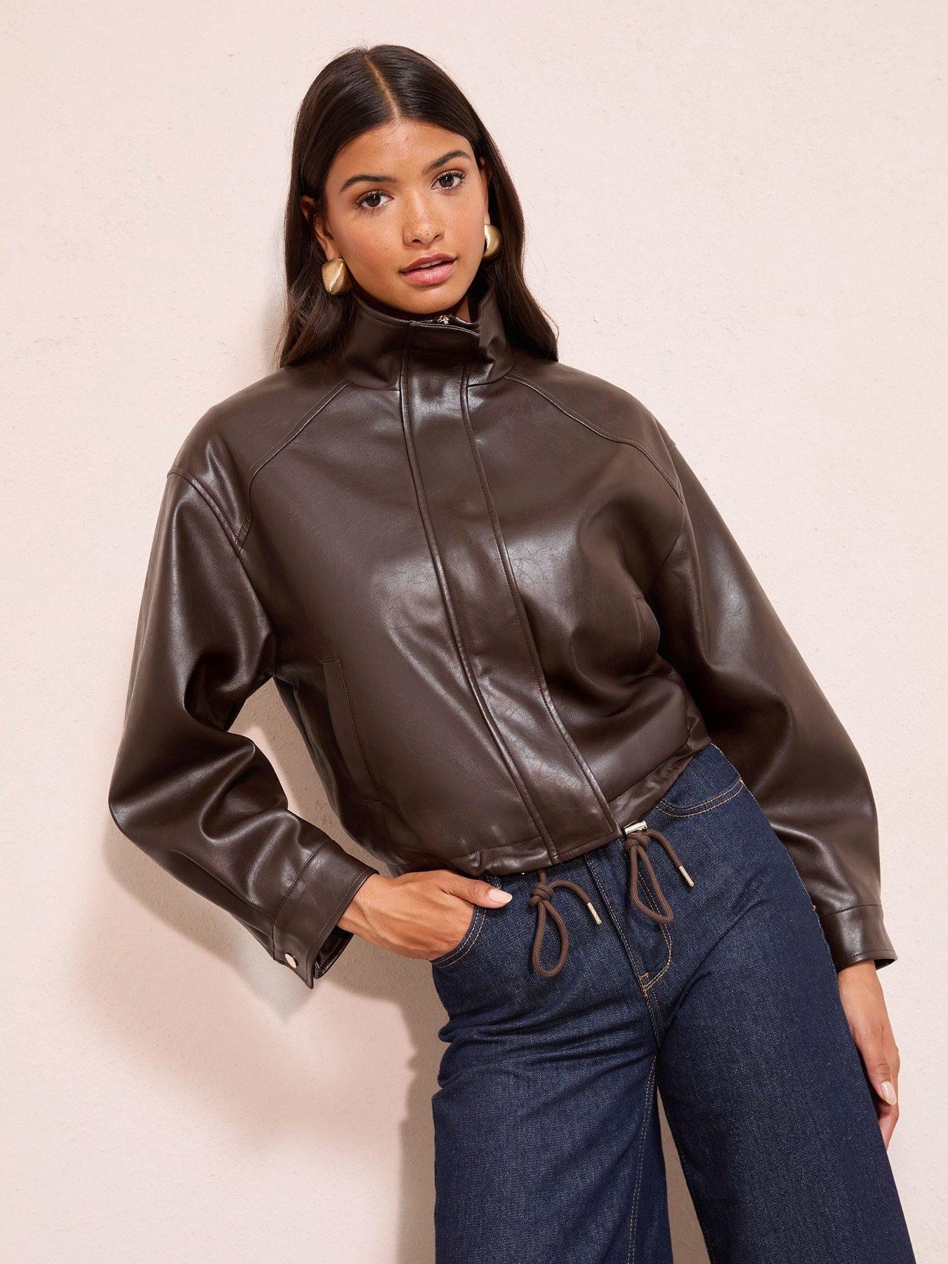 front image of friends-like-these-pu-funnel-neck-bomber-jacket-chocolate-brown