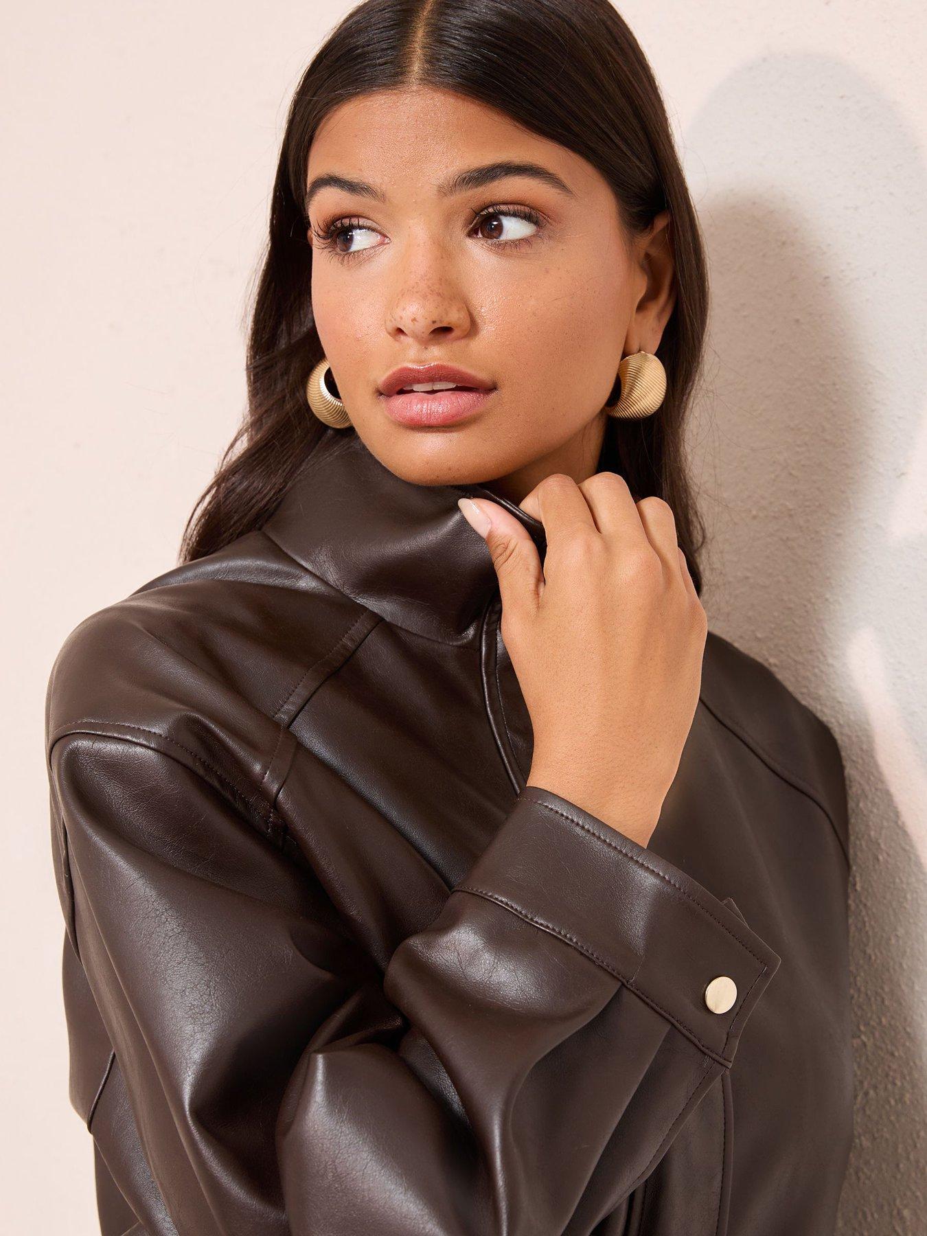 image of friends-like-these-pu-funnel-neck-bomber-jacket-chocolate-brown
