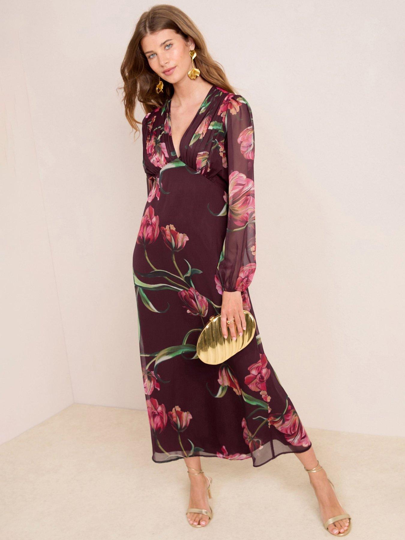 Image 1 of 4 of Friends Like These Floral Sheer Sleeve V Neck Midi Dress