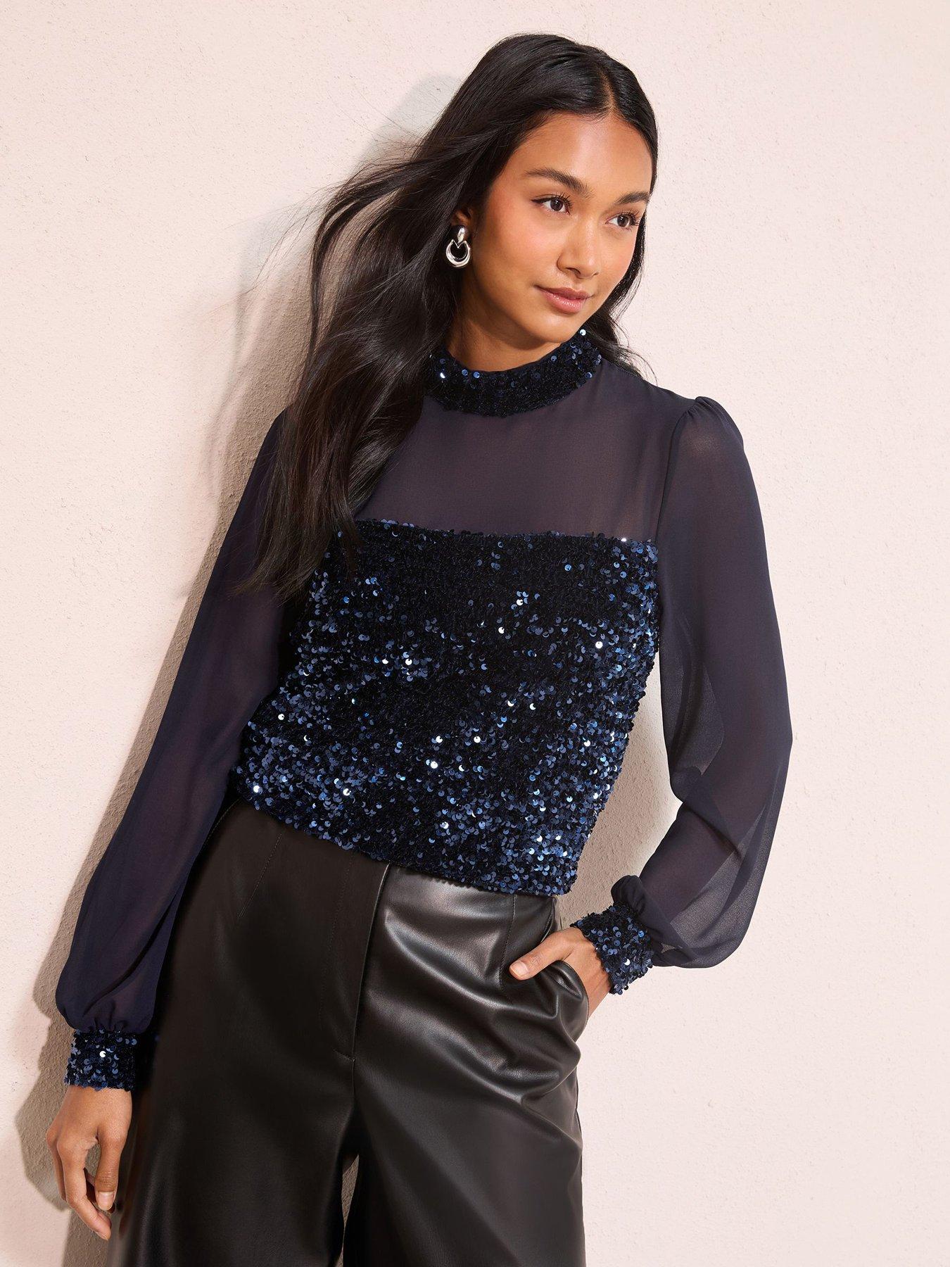 front image of friends-like-these-sequin-chiffon-yolk-blouse-navy