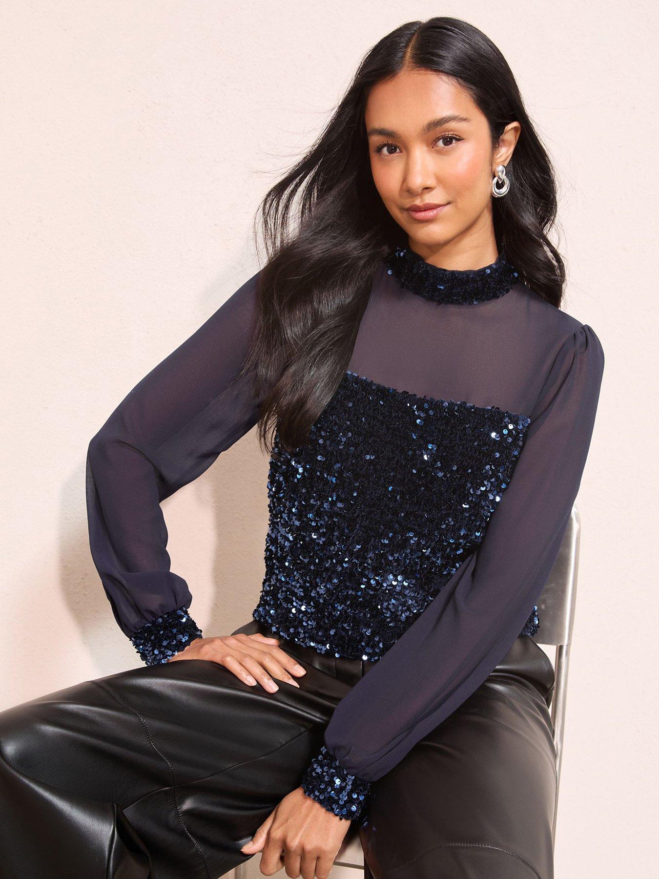  image of friends-like-these-sequin-chiffon-yolk-blouse-navy