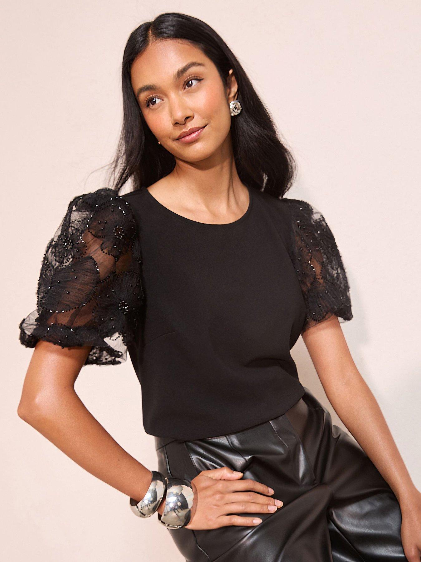 friends-like-these-cornelli-embellished-crepe-puff-sleeve-top-black